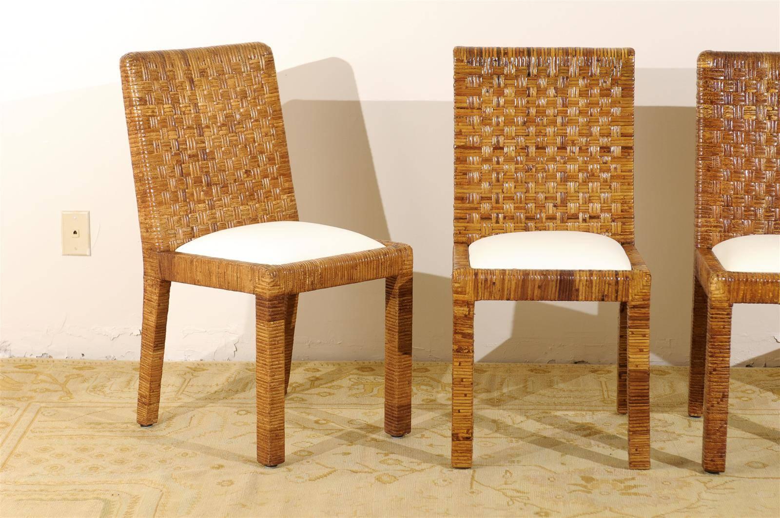 Restored Set of Eight Vintage Rattan Dining Chairs by Bielecky Brothers In Excellent Condition In Atlanta, GA