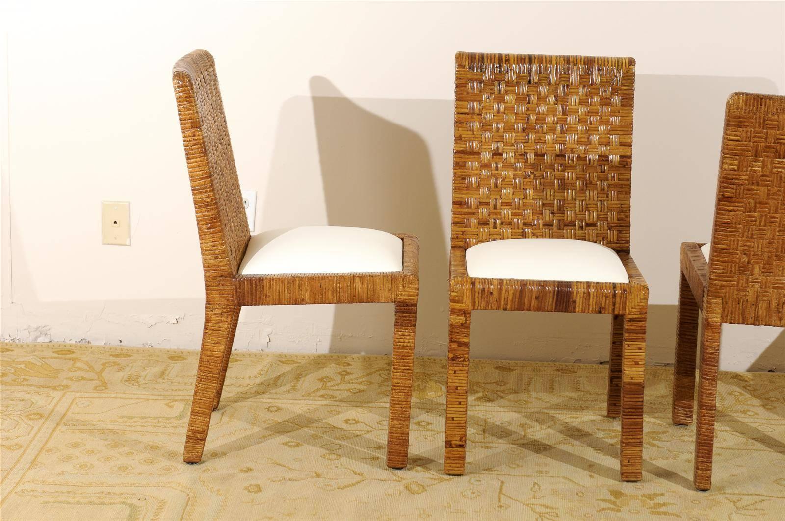 Hardwood Restored Set of Eight Vintage Rattan Dining Chairs by Bielecky Brothers