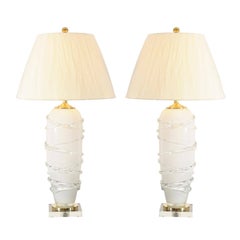 Dazzling Restored Pair of Cream Opaque Blown Glass Lamps, circa 1980