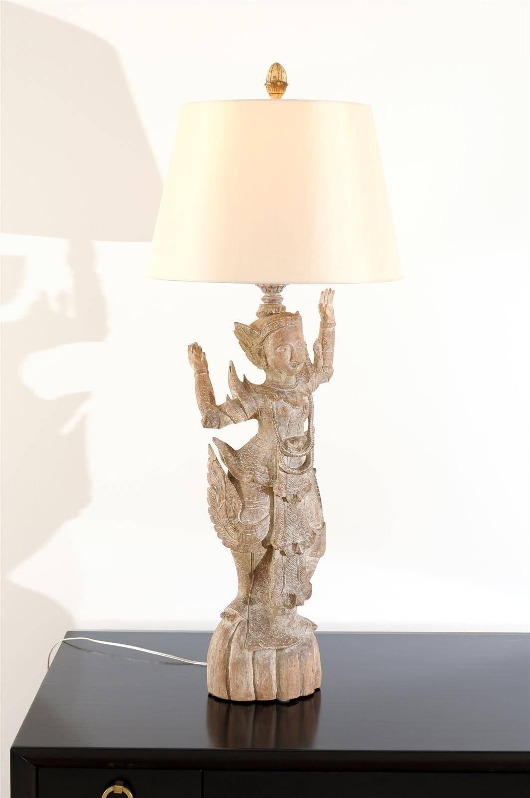 A Jaw-Dropping Pair of Antique Carved Asian Statutes as Custom Lamps In Excellent Condition In Atlanta, GA
