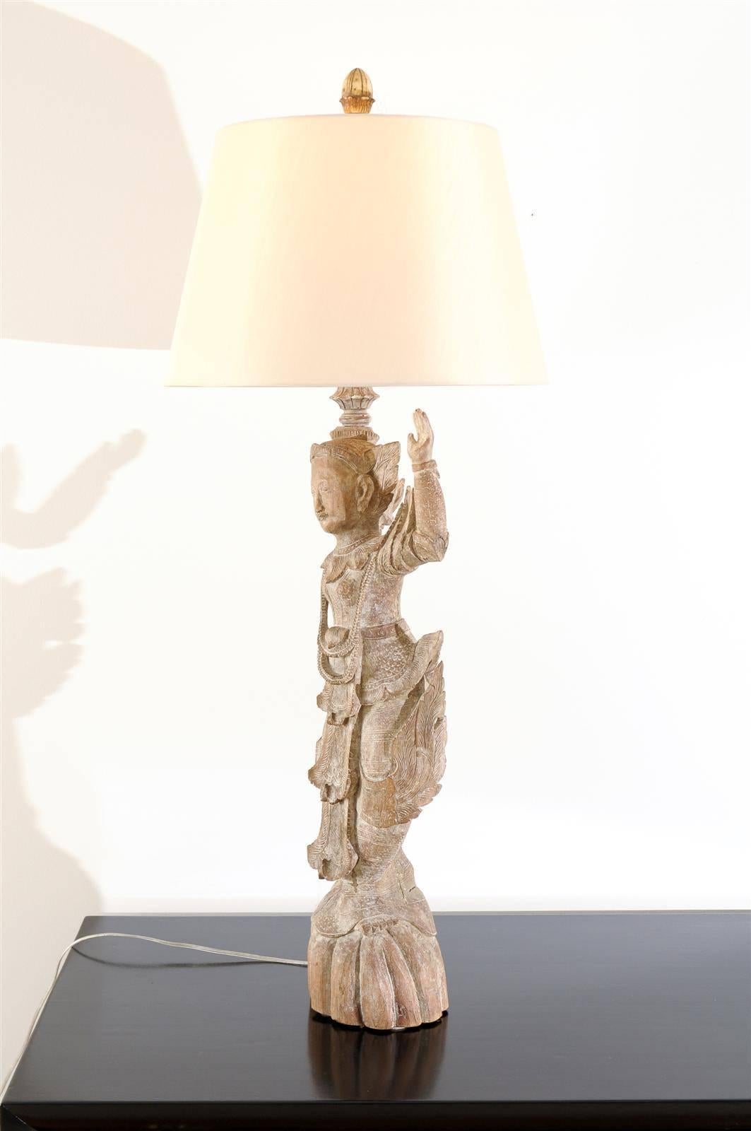 Mahogany A Jaw-Dropping Pair of Antique Carved Asian Statutes as Custom Lamps