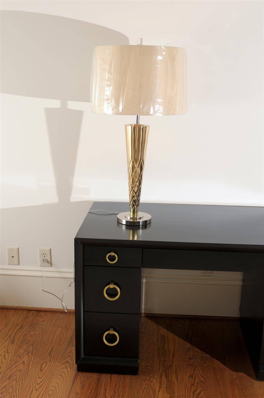 Mid-Century Modern Exquisite Pair of Etched Tornado Lamps in Brass and Nickel For Sale