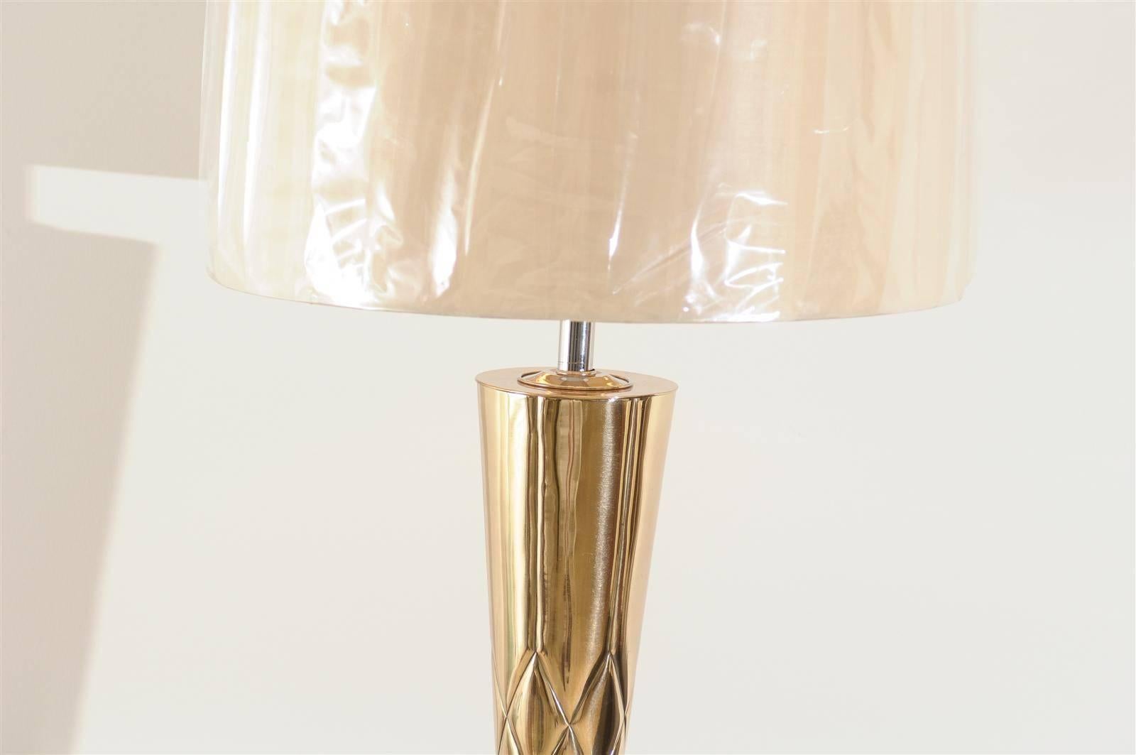 Unknown Exquisite Pair of Etched Tornado Lamps in Brass and Nickel For Sale