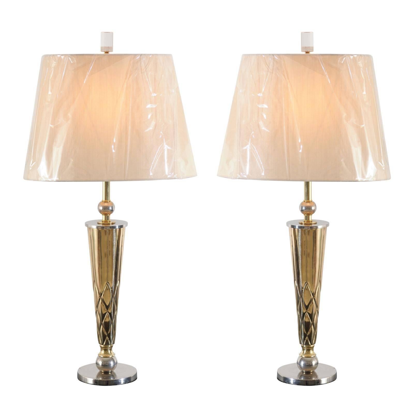 Unique Restored Pair of Vintage Tornado Console Lamps in Nickel and Brass, For Sale