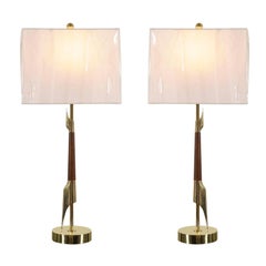 Restored Pair of Elegant Rembrandt Rocket Lamps in Walnut and Brass