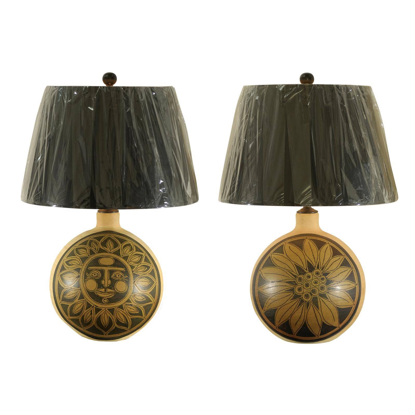 Spectacular Restored Pair of Vintage Ceramic Sun and Sunflower Lamps, circa 1960 For Sale