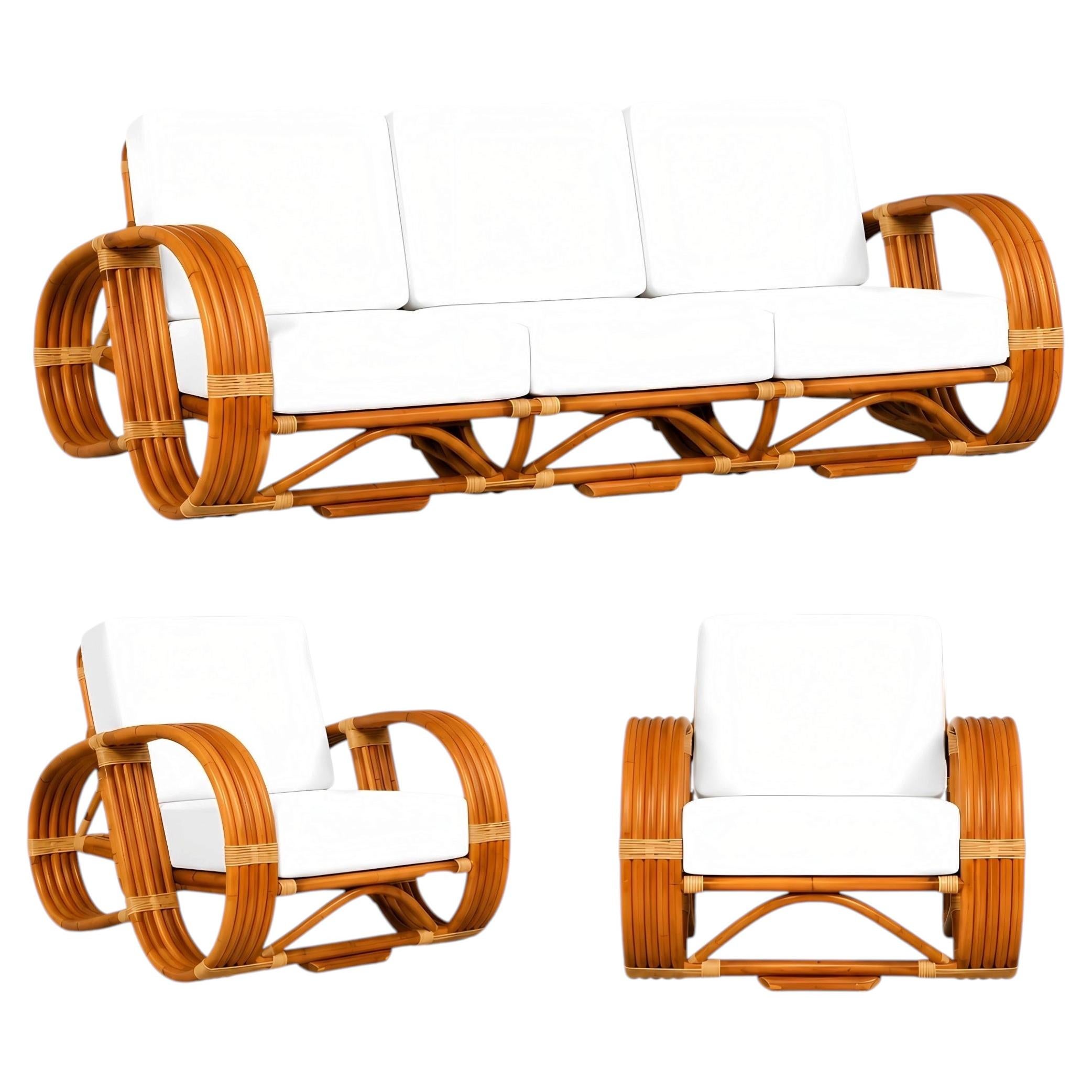 Spektakuläres 5-strangiges Sitzmöbel-Set aus Rattan und Schilfrohr im Paul Frankl-Stil im Art déco-Stil