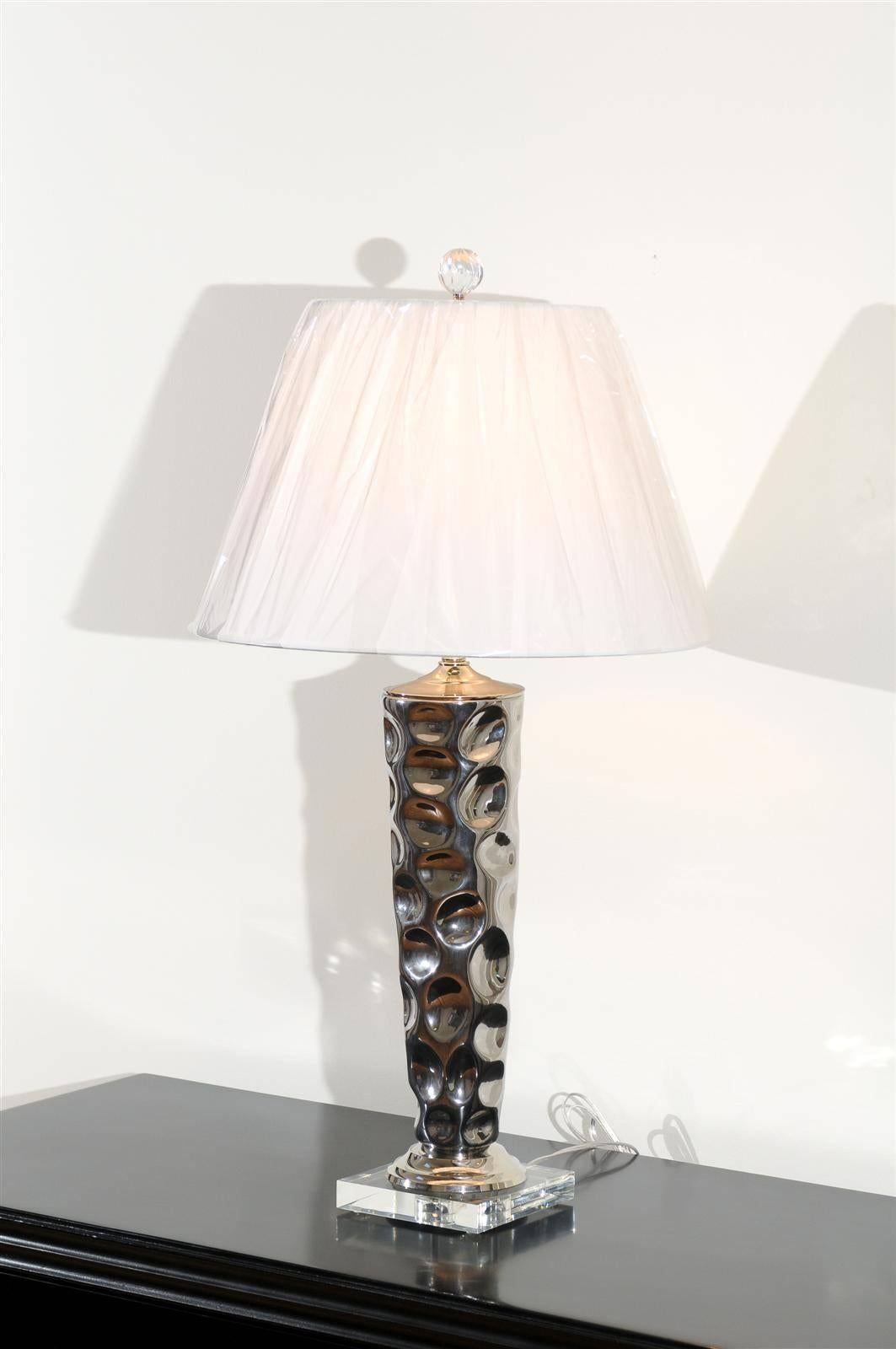 Pair of Modern Ceramic Tornado Lamps with Nickel and Lucite Accents For Sale 3