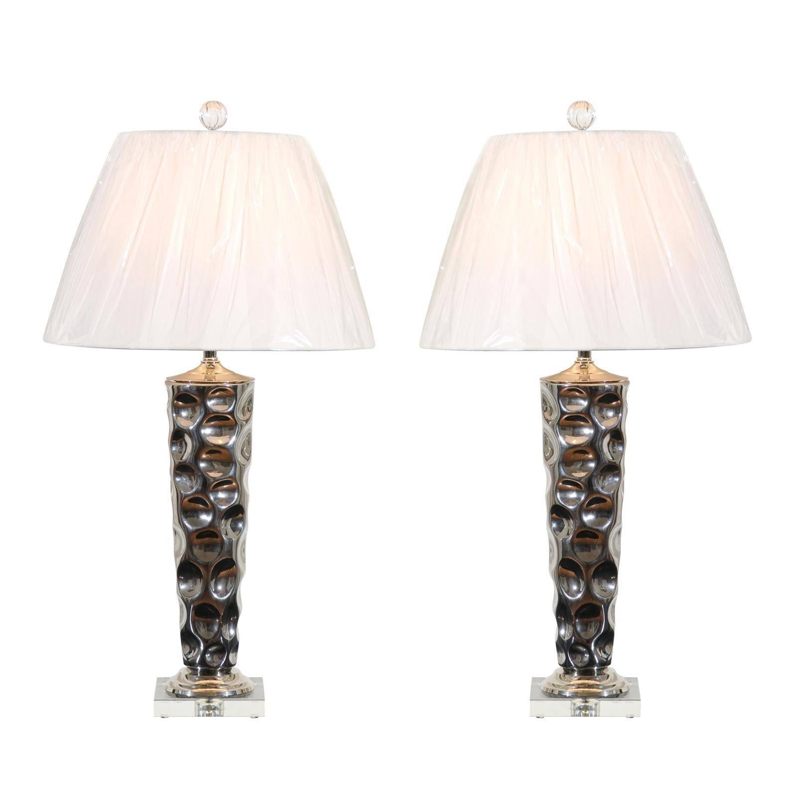 Pair of Modern Ceramic Tornado Lamps with Nickel and Lucite Accents