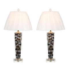 Pair of Modern Ceramic Tornado Lamps with Nickel and Lucite Accents 7