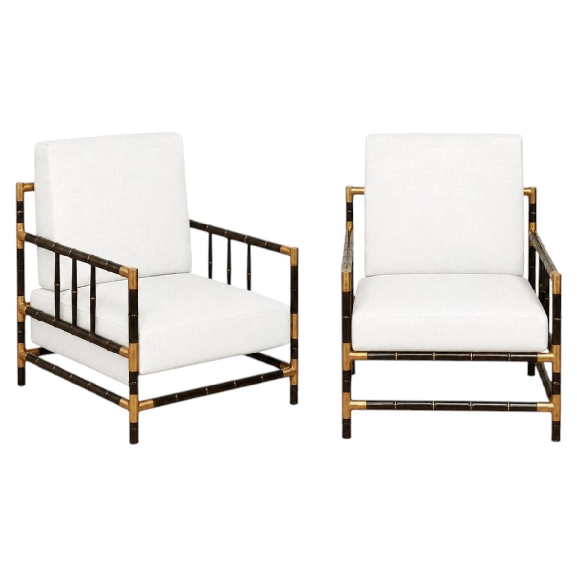 Elegant Pair of Vintage Faux-Bamboo and Brass Loungers after Billy Haines