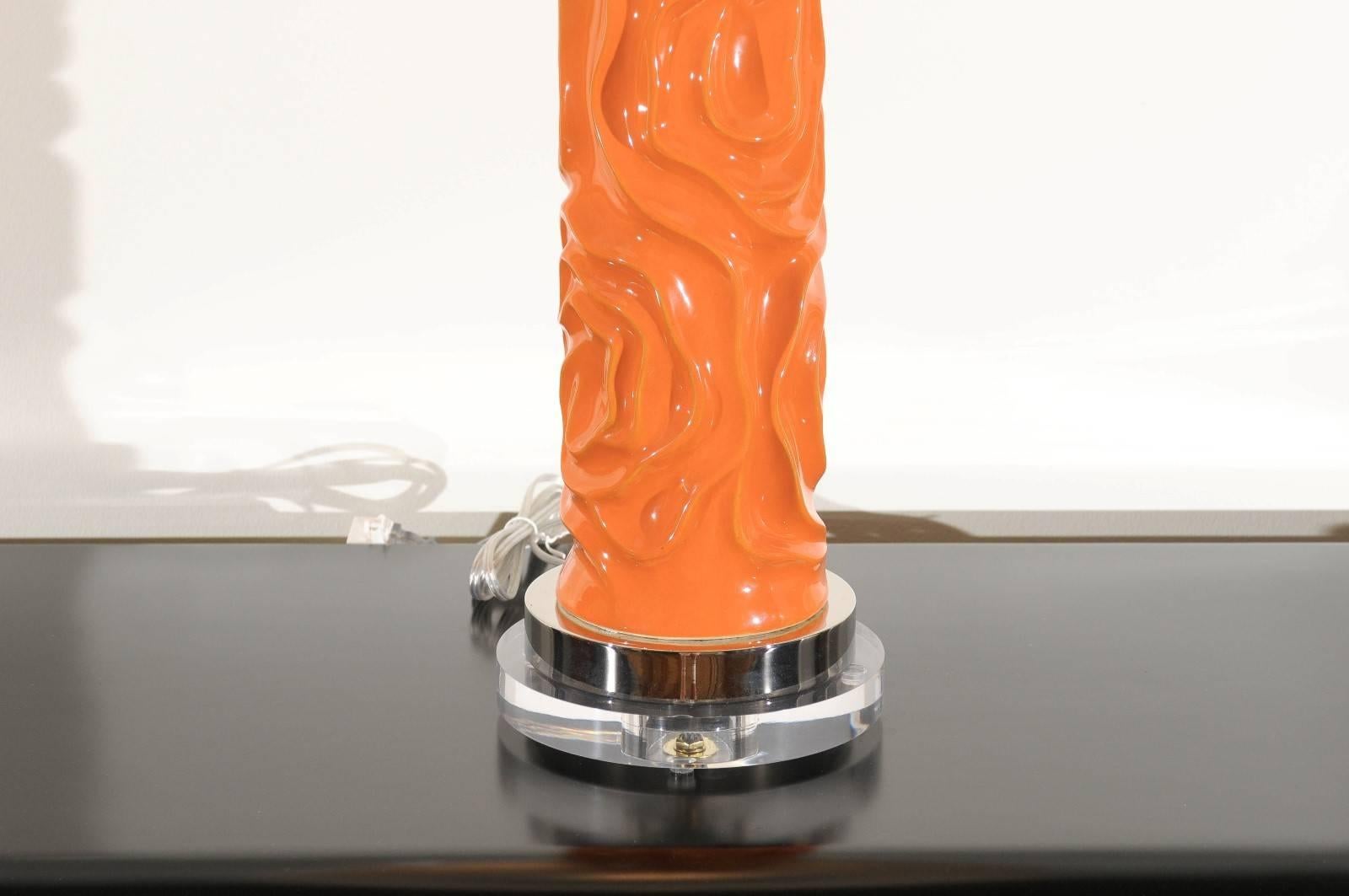 Vibrant Pair of Modern Tangerine Ceramic Lamps For Sale 3