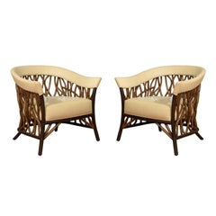 Retro Stunning Pair of Rattan Club Chairs in Parchment Leather