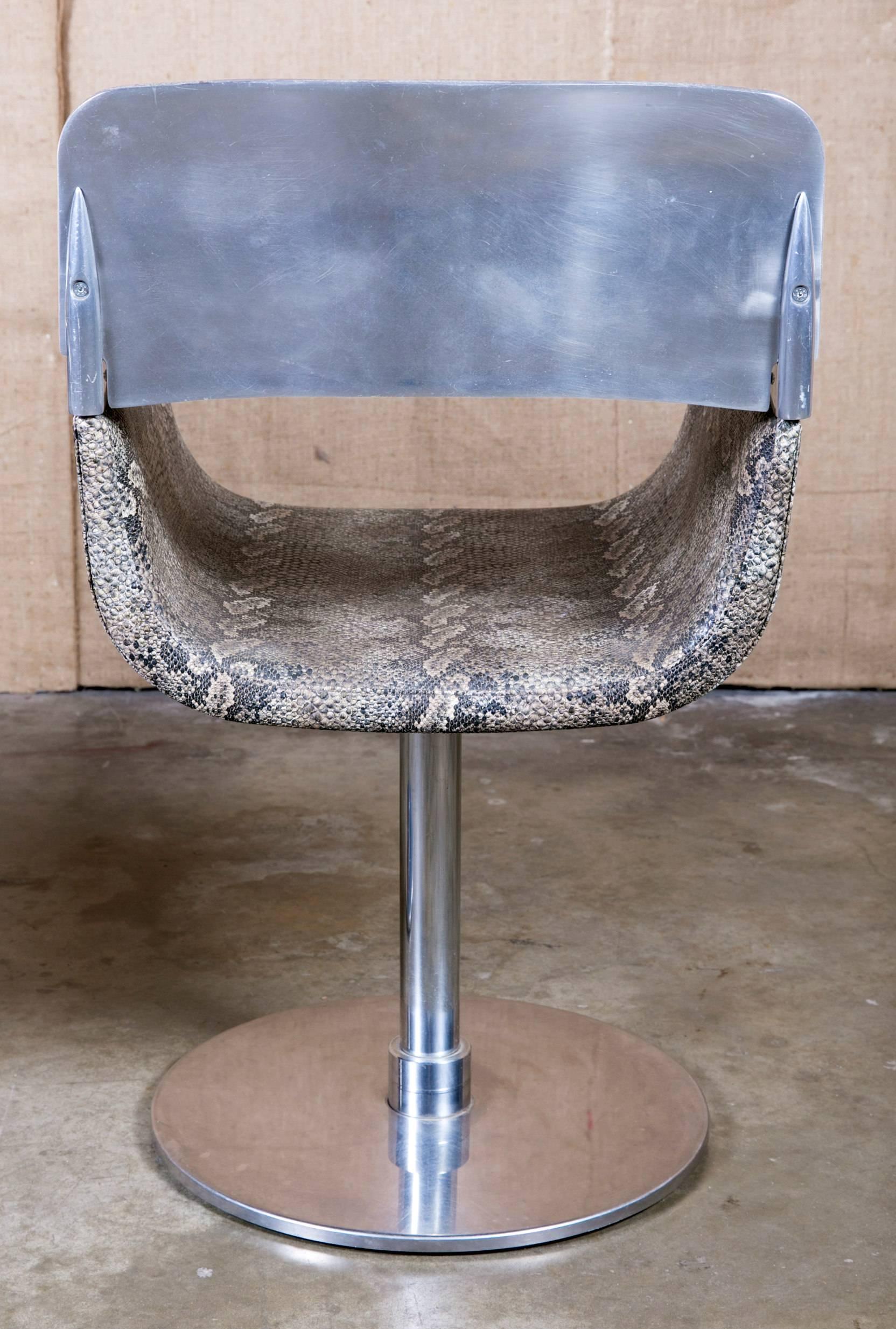 Aluminum Pair of Italian Faux Python Swivel Chairs For Sale