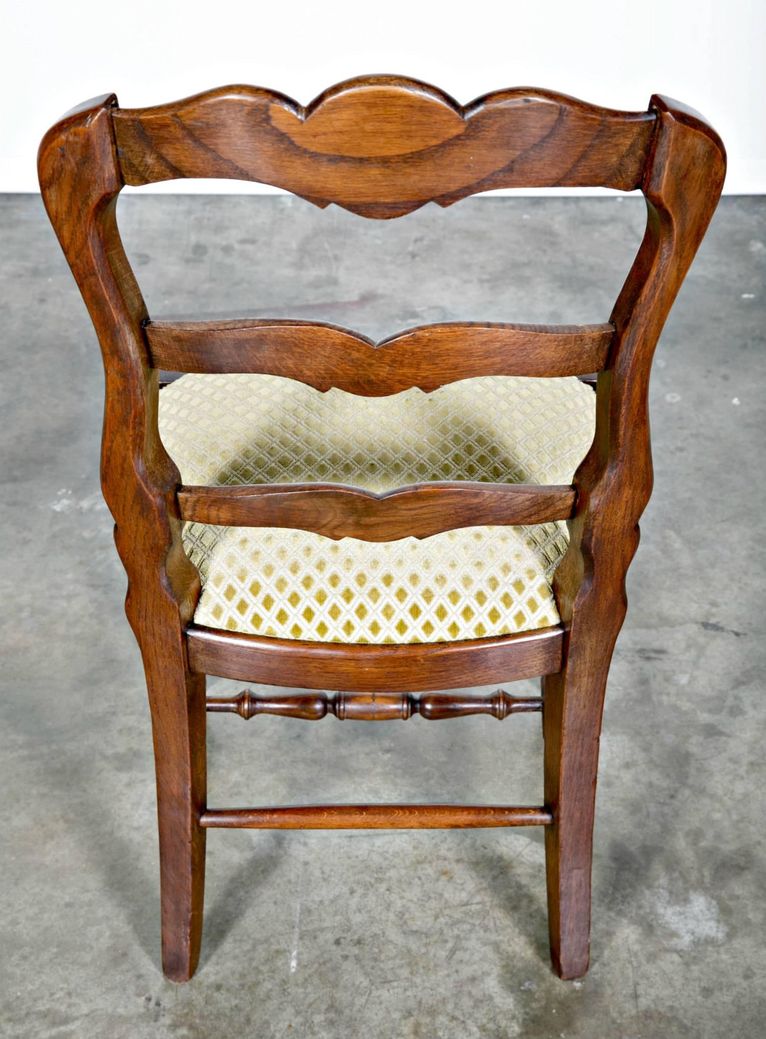 Oak Set of Six Country French Ladder Back Chairs with Upholstered Seats