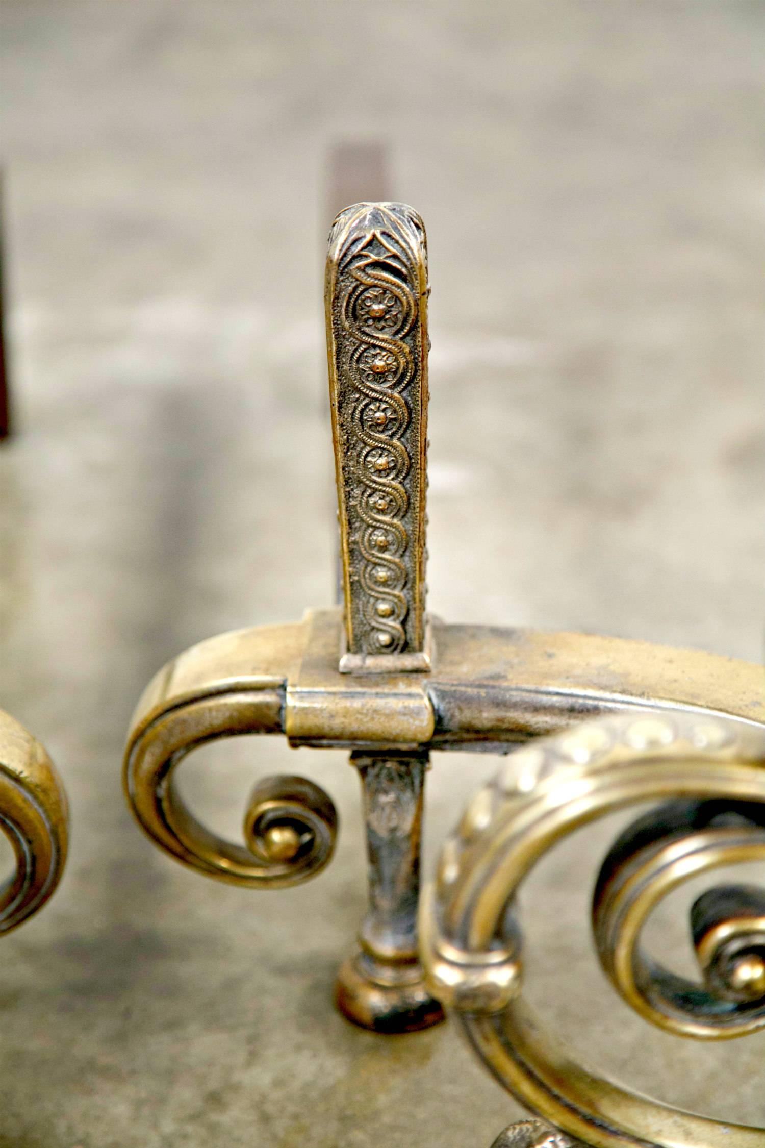 Fine Pair of Brass and Wrought Iron Andirons Attributed to Tiffany Studios For Sale 3
