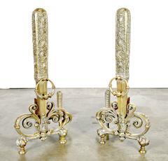 Fine Pair of Brass and Wrought Iron Andirons Attributed to Tiffany Studios