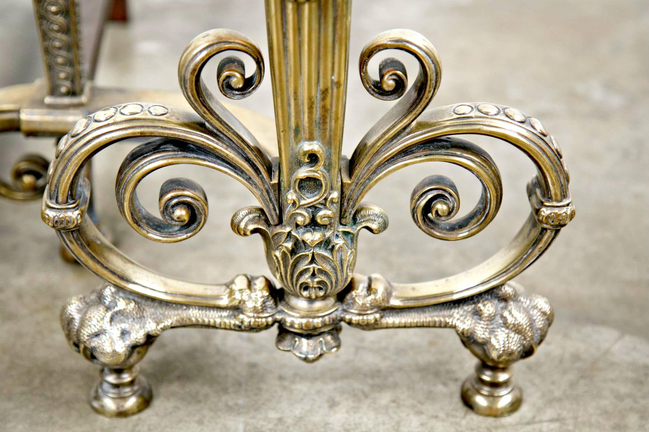 Fine Pair of Brass and Wrought Iron Andirons Attributed to Tiffany Studios For Sale 2