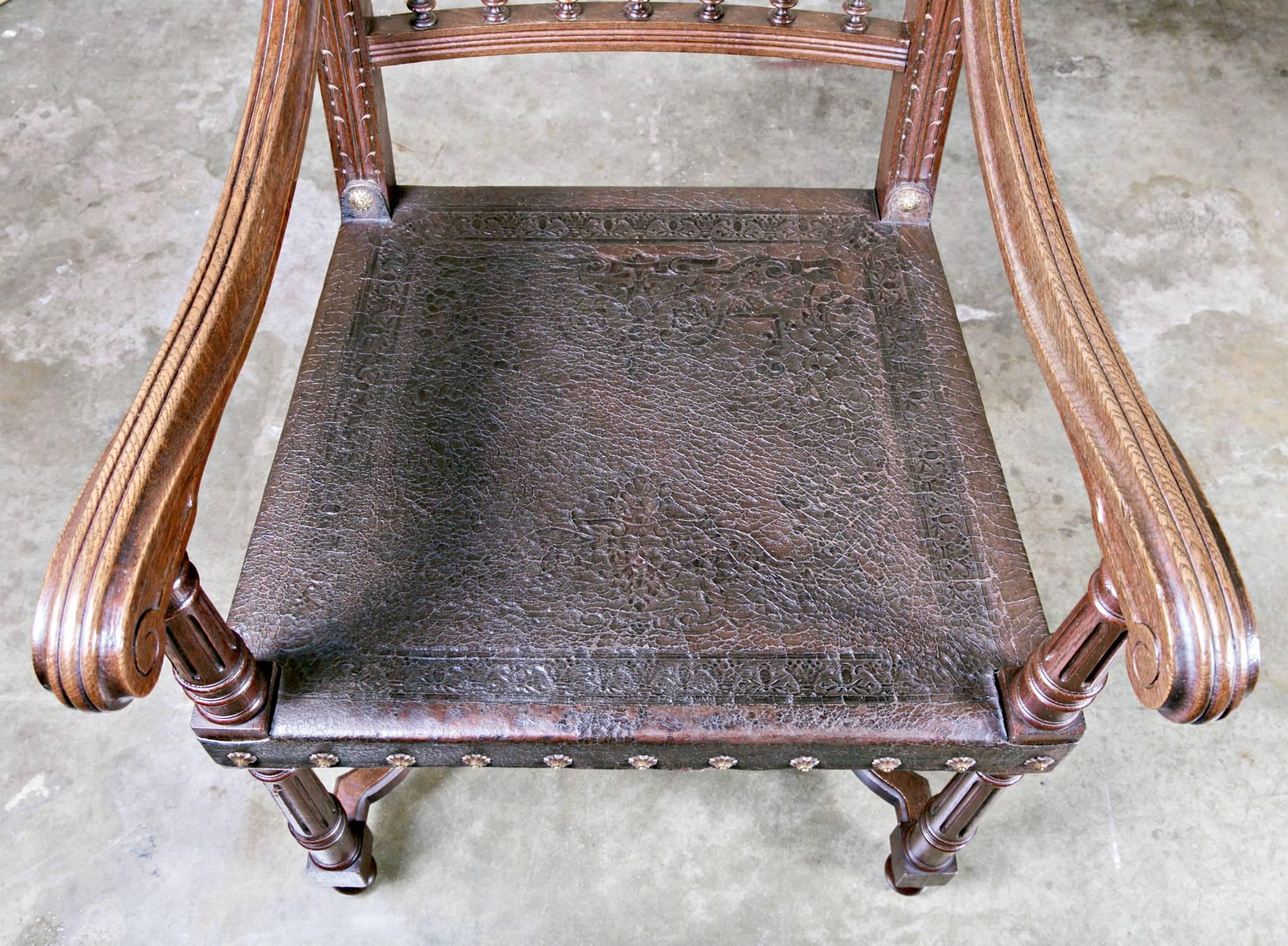 Pair of Mid-19th Century French Renaissance Henri II Leather Fauteuils 3