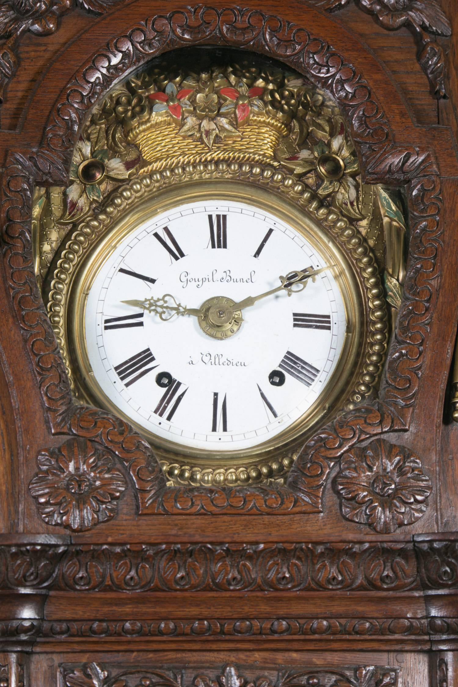Début du 19ème siècle, horloge de style Louis XVI Demoiselle Marriage Longcase Clock Excellent état à Birmingham, AL