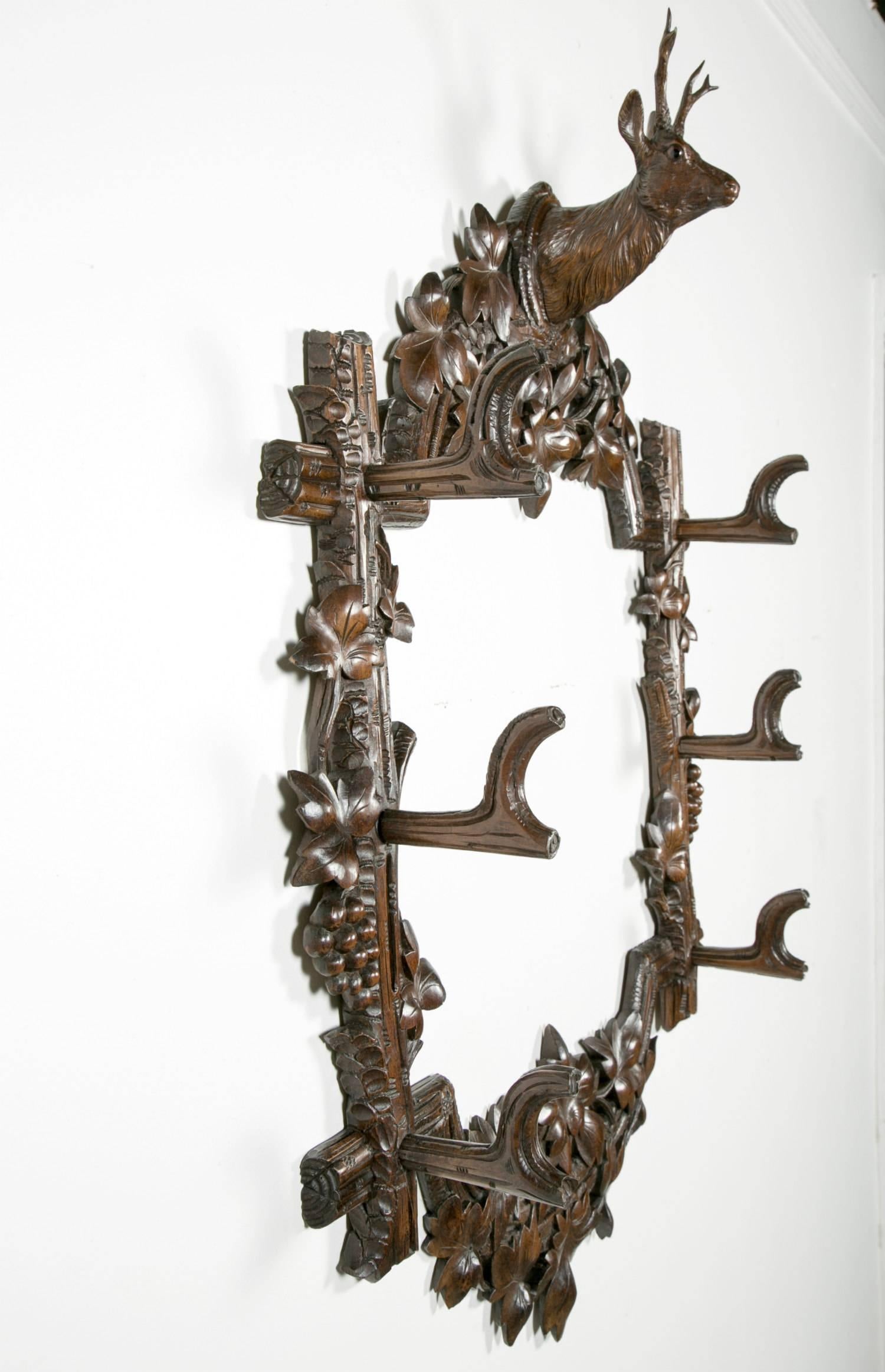19th Century Hand-Carved Black Forest Stag Head Gun Rack