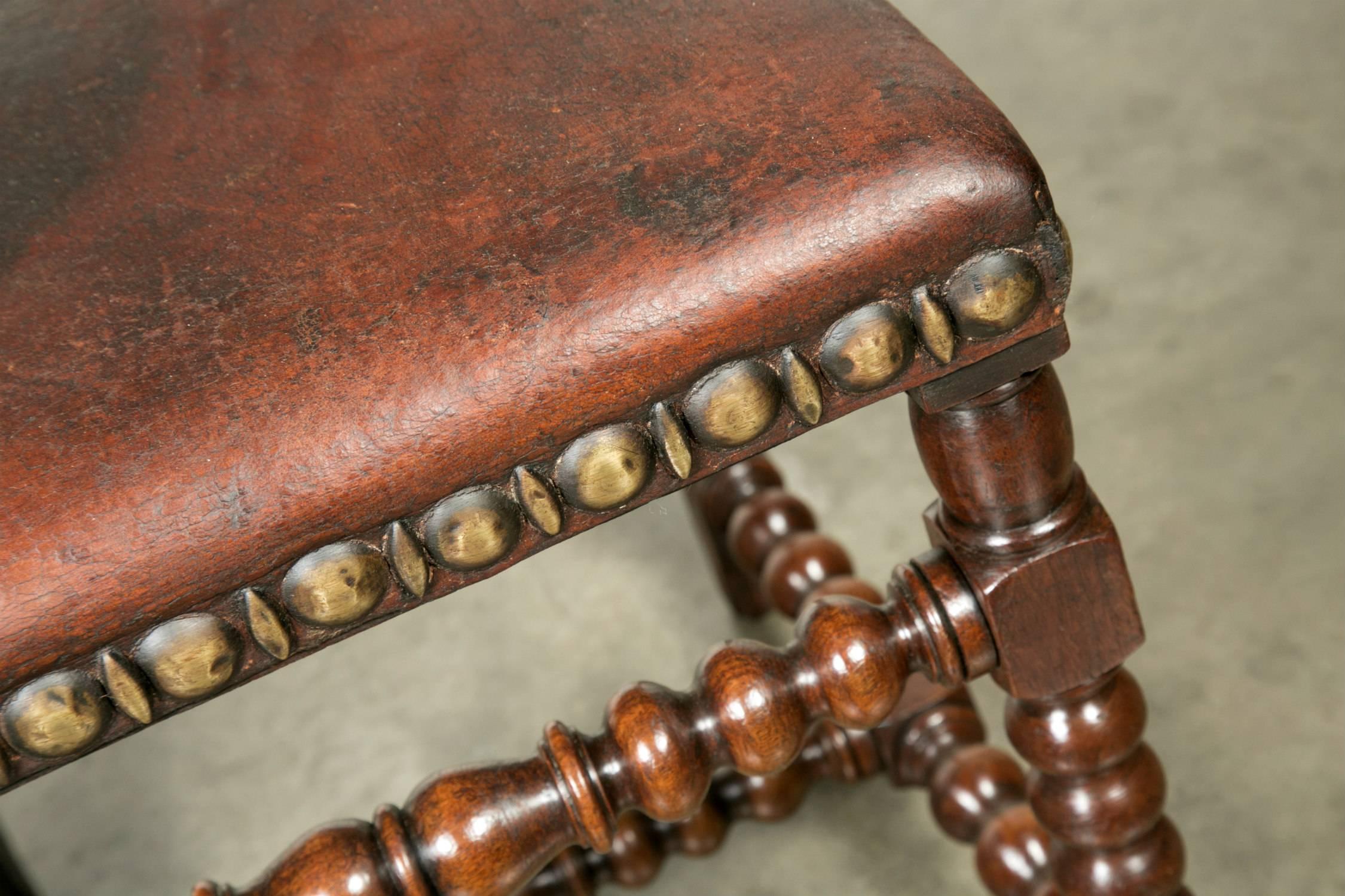 Set of Eight 19th Century French Louis XIII Style Leather Dining Chairs 5