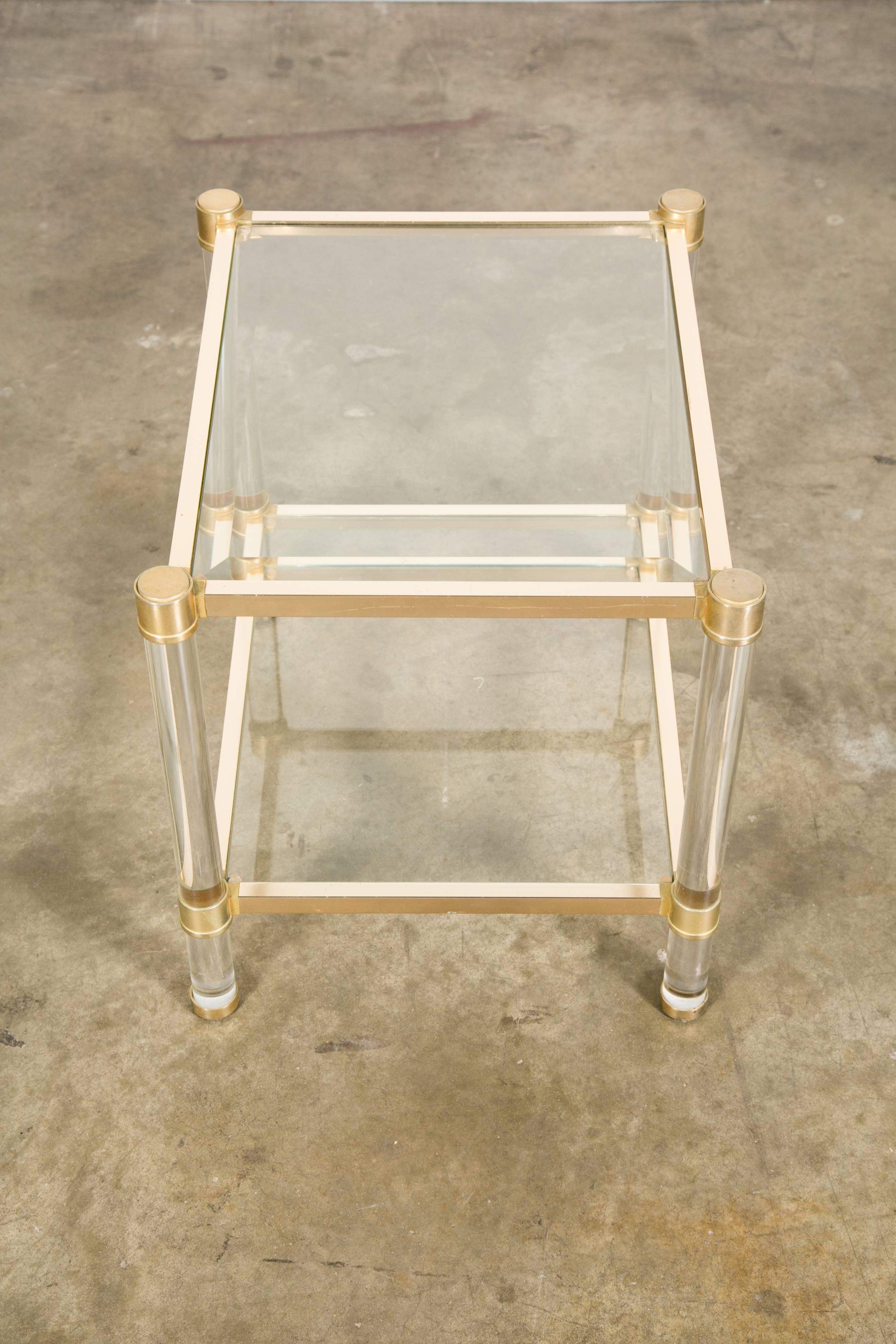 Modern French Rectangular Lucite and Brass Side Table For Sale