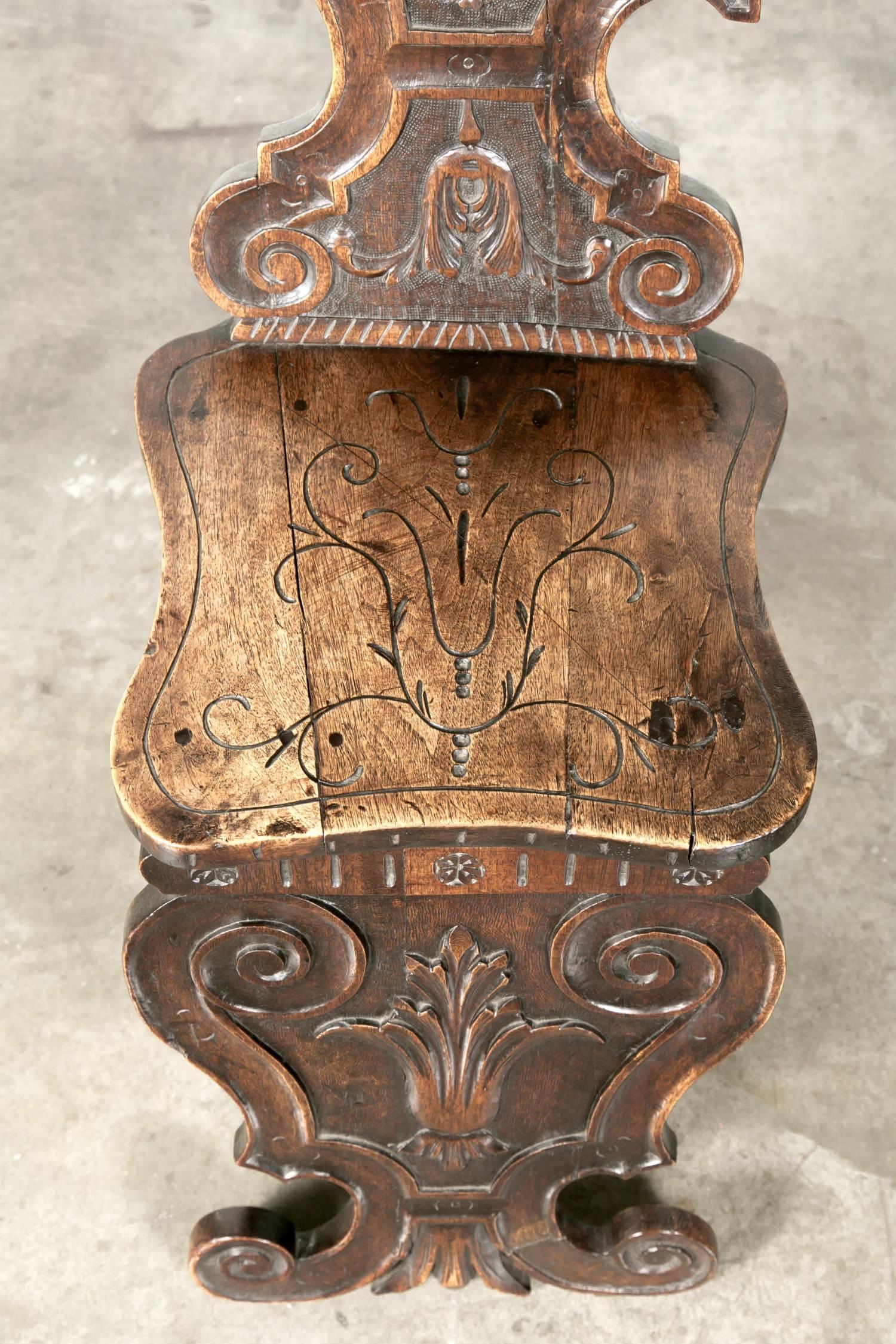18th Century and Earlier 18th Century Italian Walnut Sgabello Hall Chair
