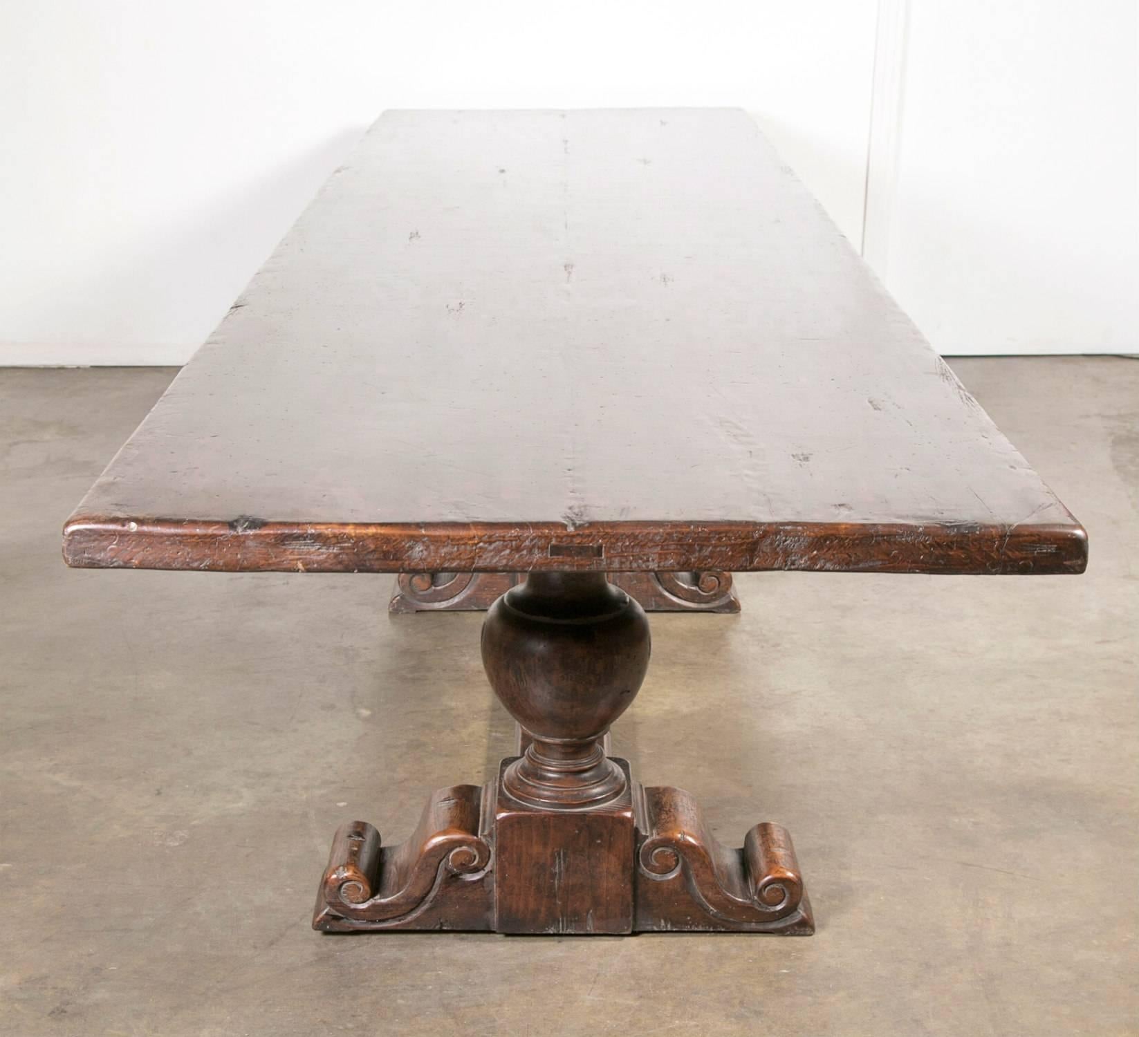 Monumental Early 19th Century Solid Walnut French Chateau Trestle Table In Excellent Condition In Birmingham, AL