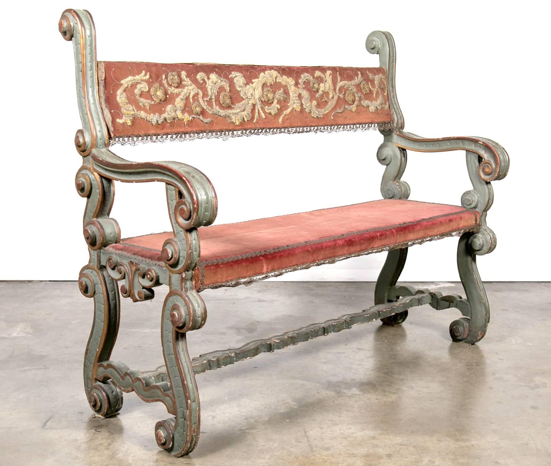 Fabric Pair of 18th Century Carved and Painted Baroque Tuscan Arm Benches