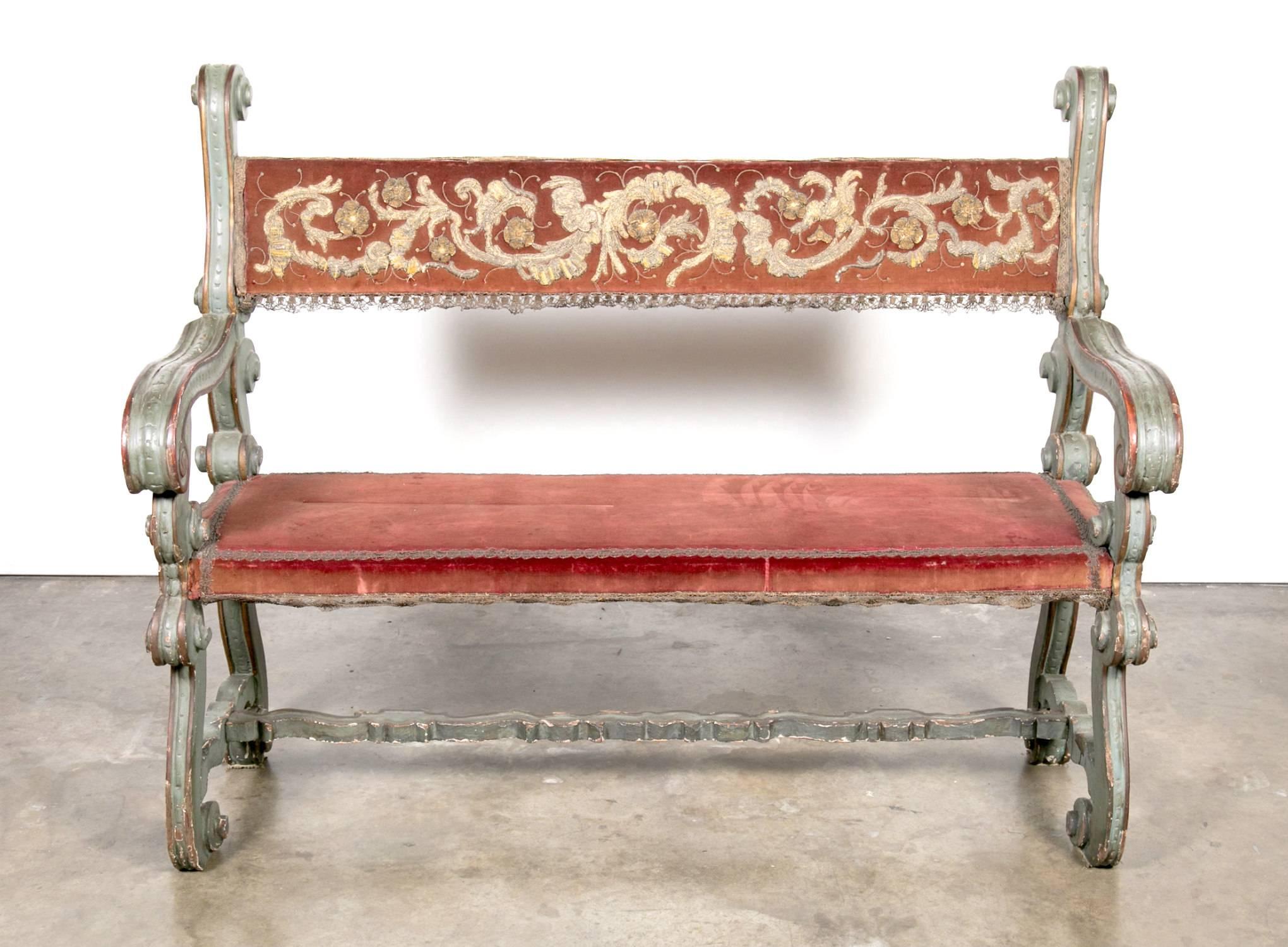 Pair of 18th Century Carved and Painted Baroque Tuscan Arm Benches (Bestickt)