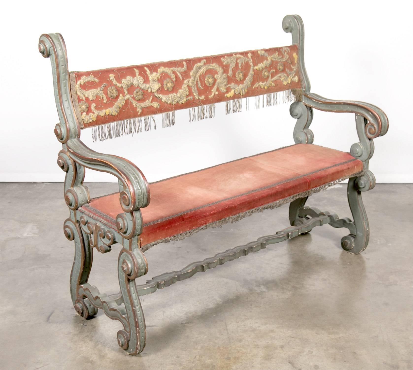 Pair of 18th Century Carved and Painted Baroque Tuscan Arm Benches (Barock)