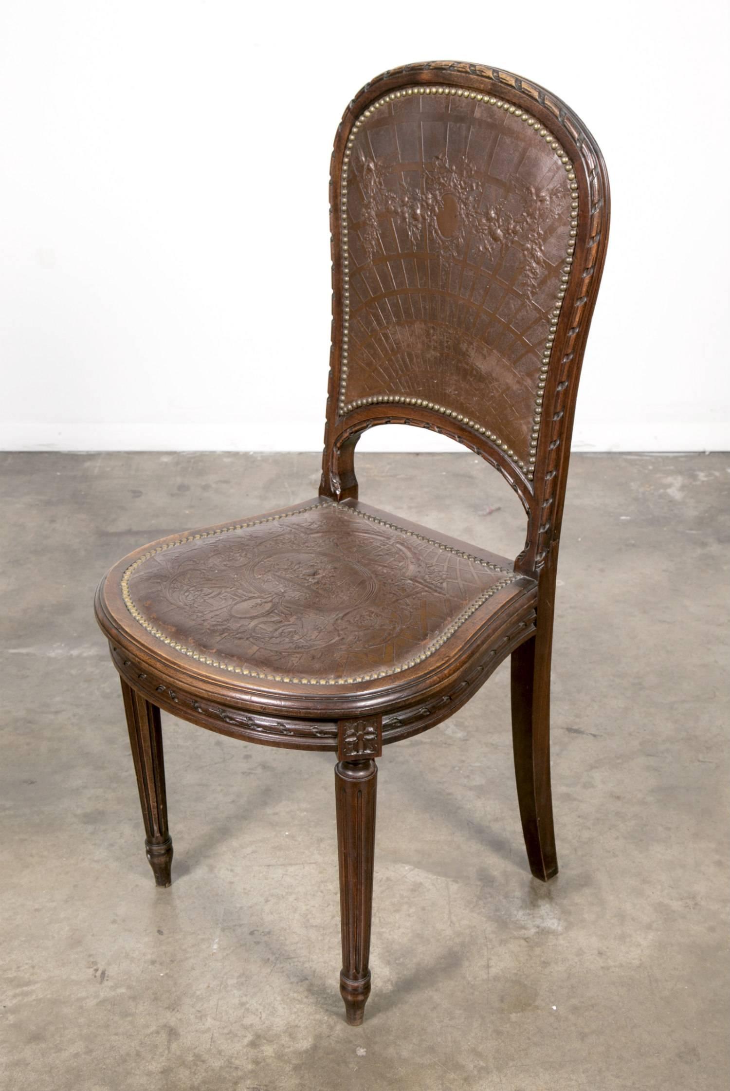 Pressed Set of Six French Louis XVI Tooled Leather Dining or Side Chairs