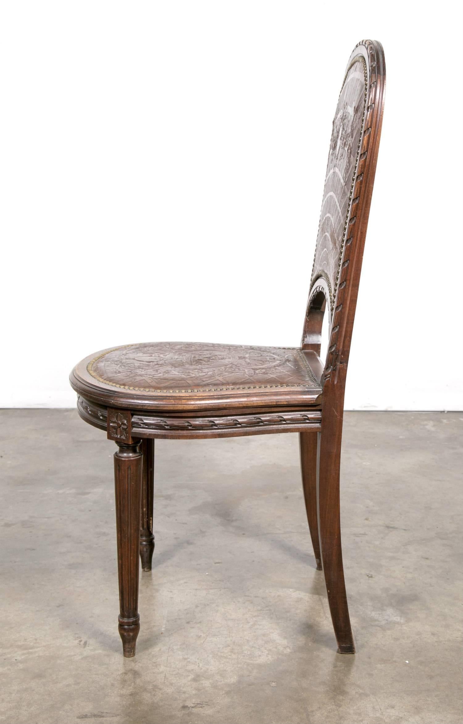 Set of Six French Louis XVI Tooled Leather Dining or Side Chairs In Excellent Condition In Birmingham, AL