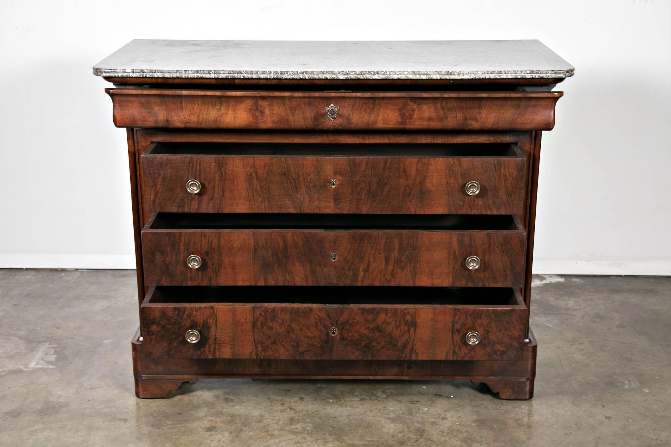 Mid-19th Century Antique French Louis Philippe Period Bookmatched Walnut Commode with Marble Top