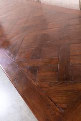Antique French Trestle Table with Parquet de Versaille Top and Iron Stretcher