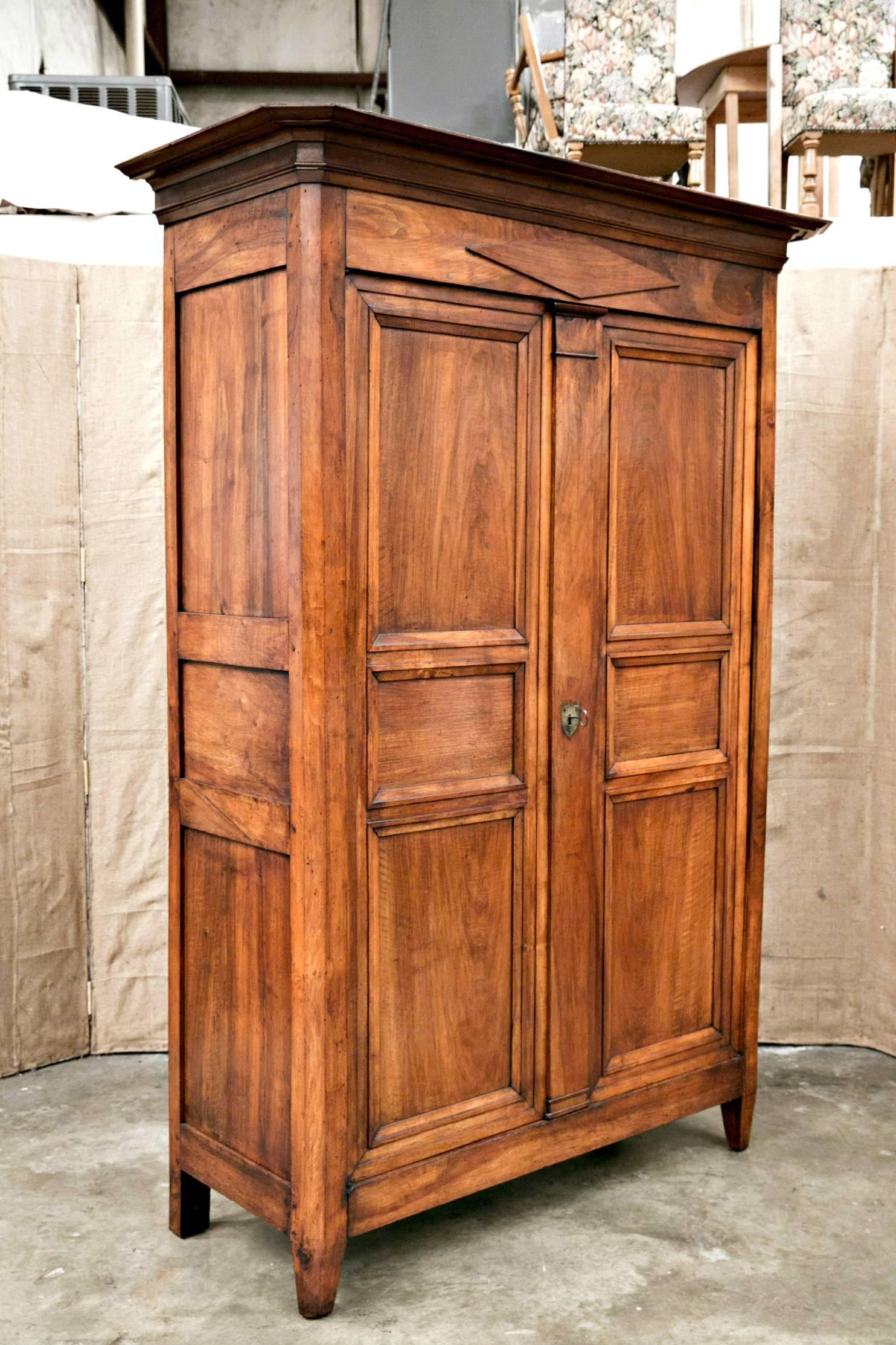 Grand French Directoire period Lyonnaise armoire handcrafted in solid walnut with a rectangular molded cornice above a diamond carved frieze over a pair of paneled doors. Raised on short tapered legs. The Directoire style is admired for its