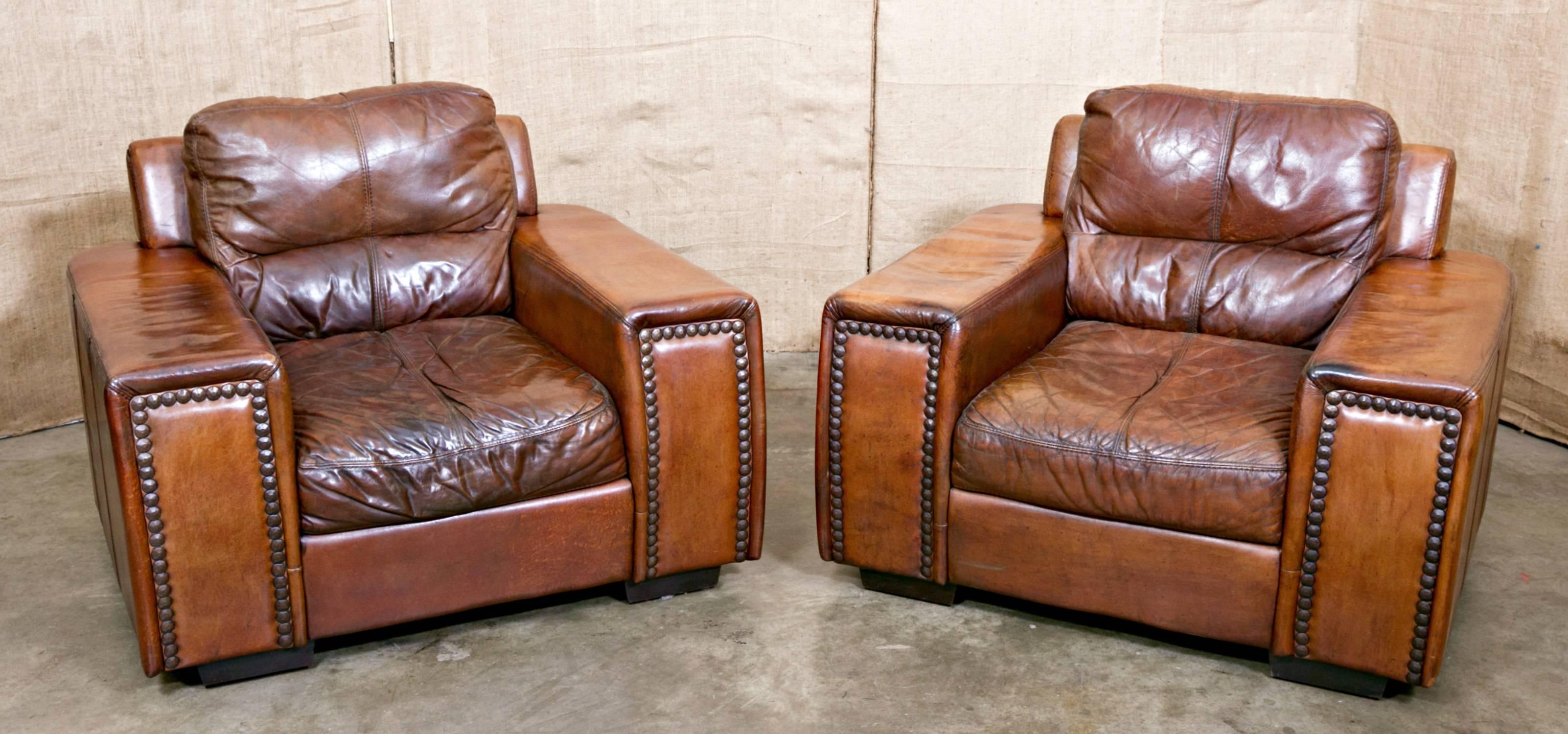 Pair of French Leather Club Chairs In Good Condition In Birmingham, AL
