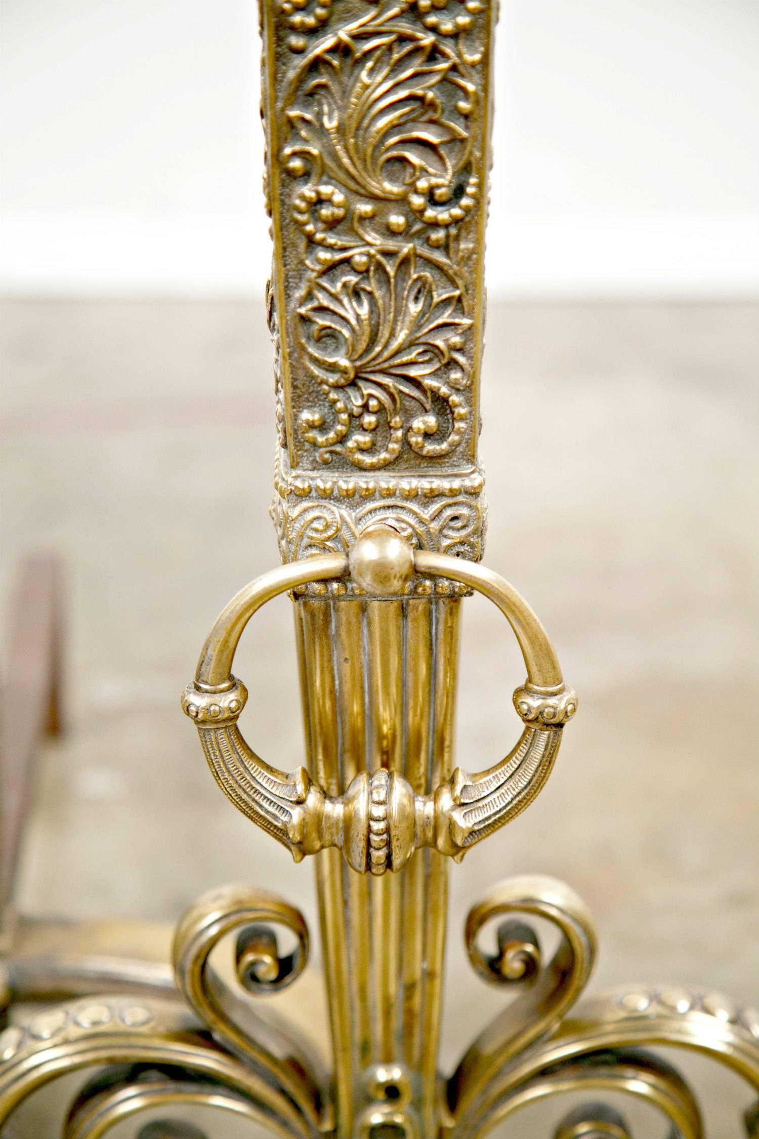 Fine Pair of Brass and Wrought Iron Andirons Attributed to Tiffany Studios For Sale 1
