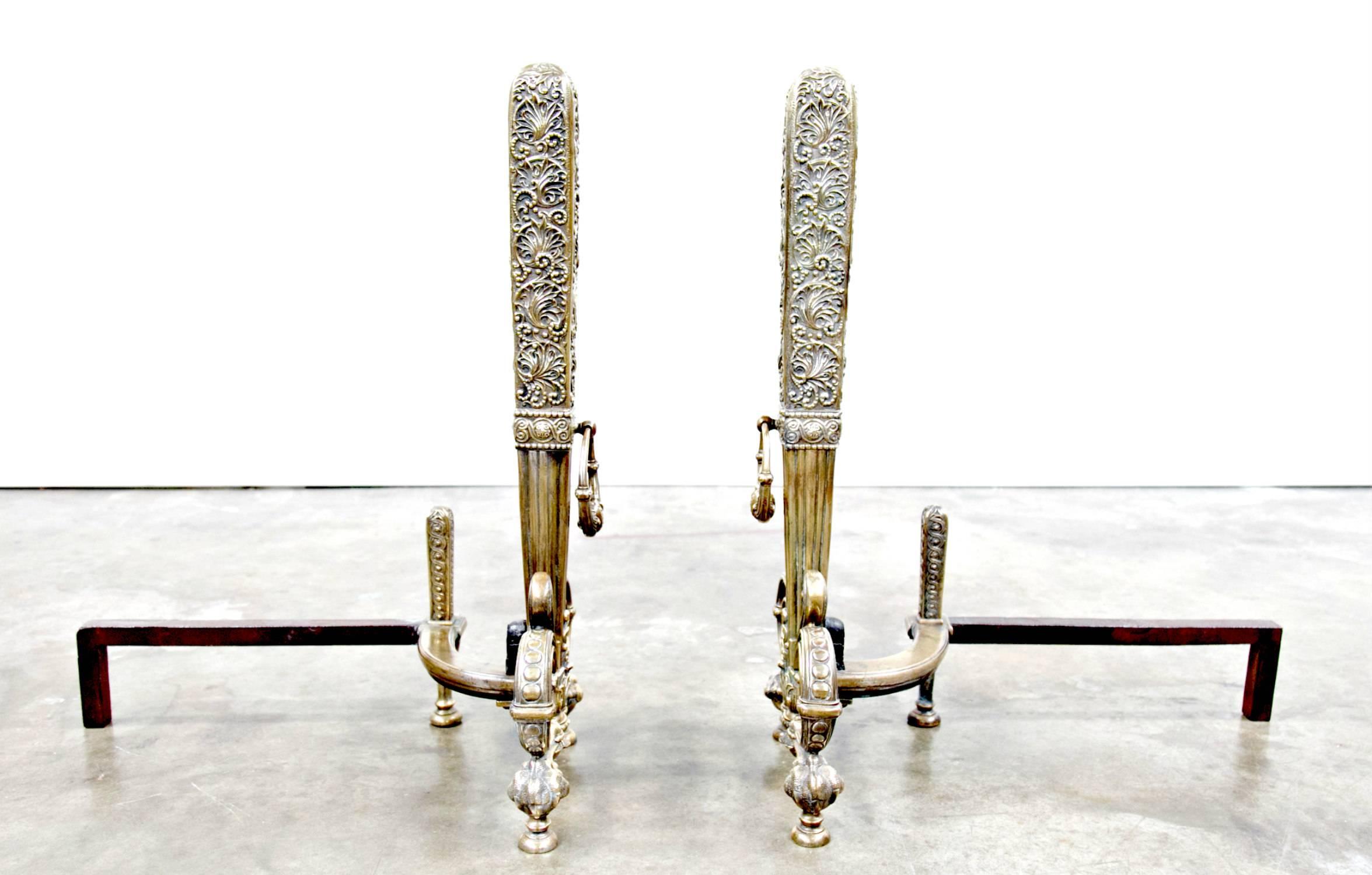 American Fine Pair of Brass and Wrought Iron Andirons Attributed to Tiffany Studios For Sale