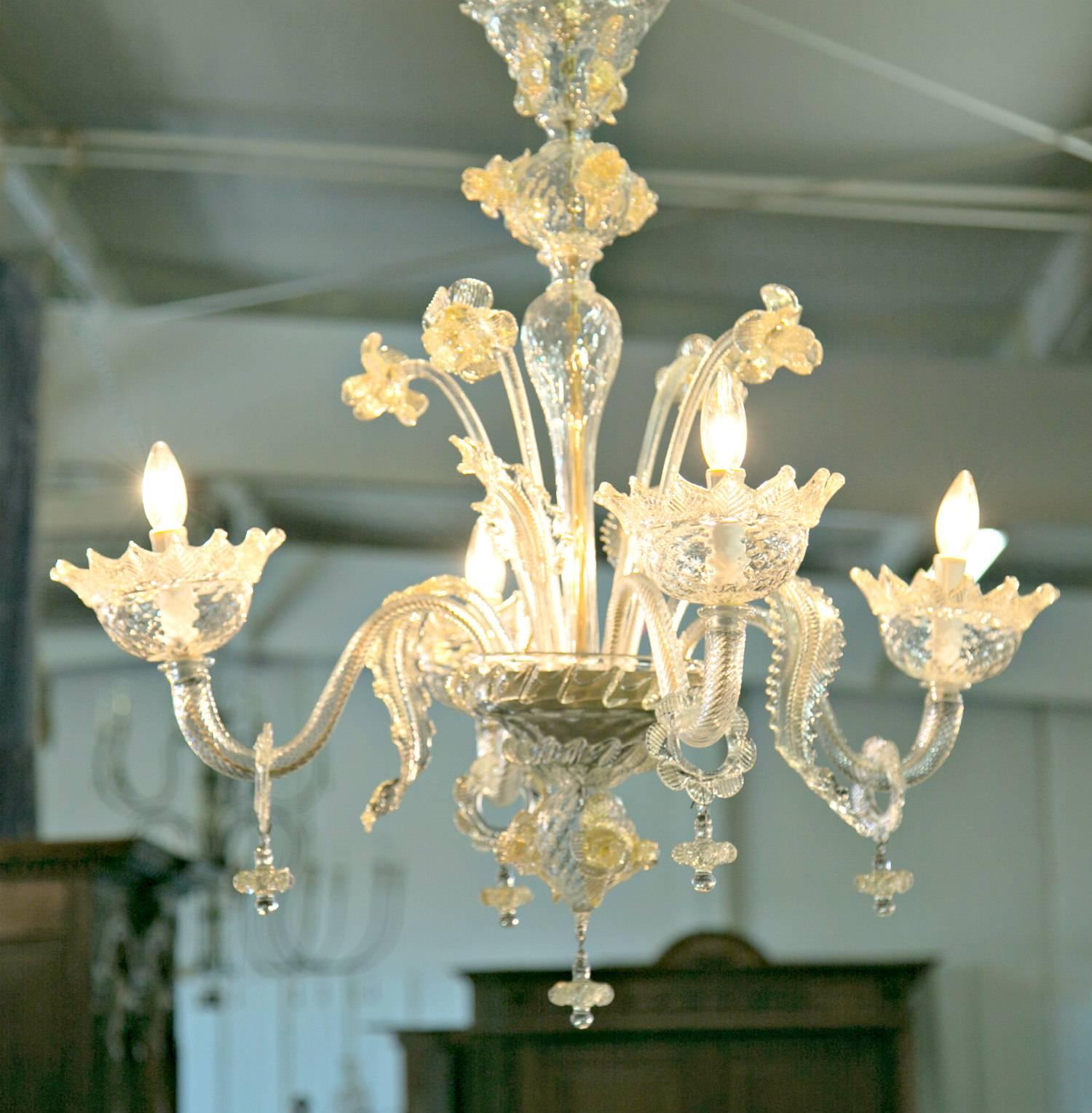 Vintage Four-Light Gold Dust Murano Glass Daffodil Chandelier In Excellent Condition In Birmingham, AL