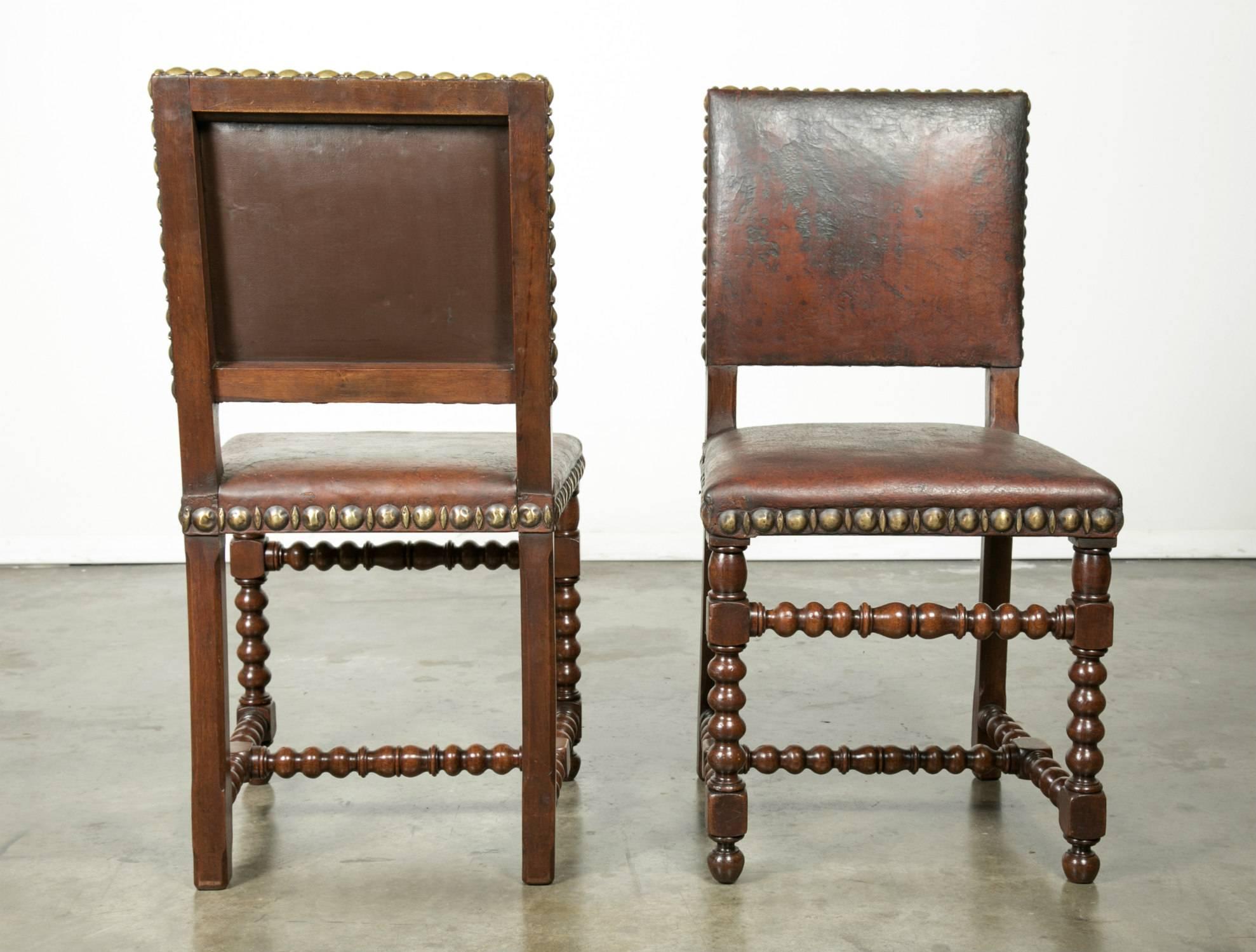Set of Eight 19th Century French Louis XIII Style Leather Dining Chairs 4