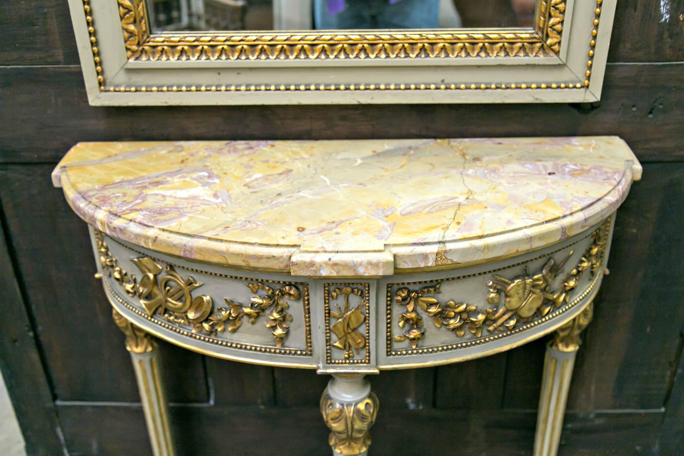 Early 20th Century Louis XVI Style Painted and Gilded Demilune Console with Trumeau Mirror
