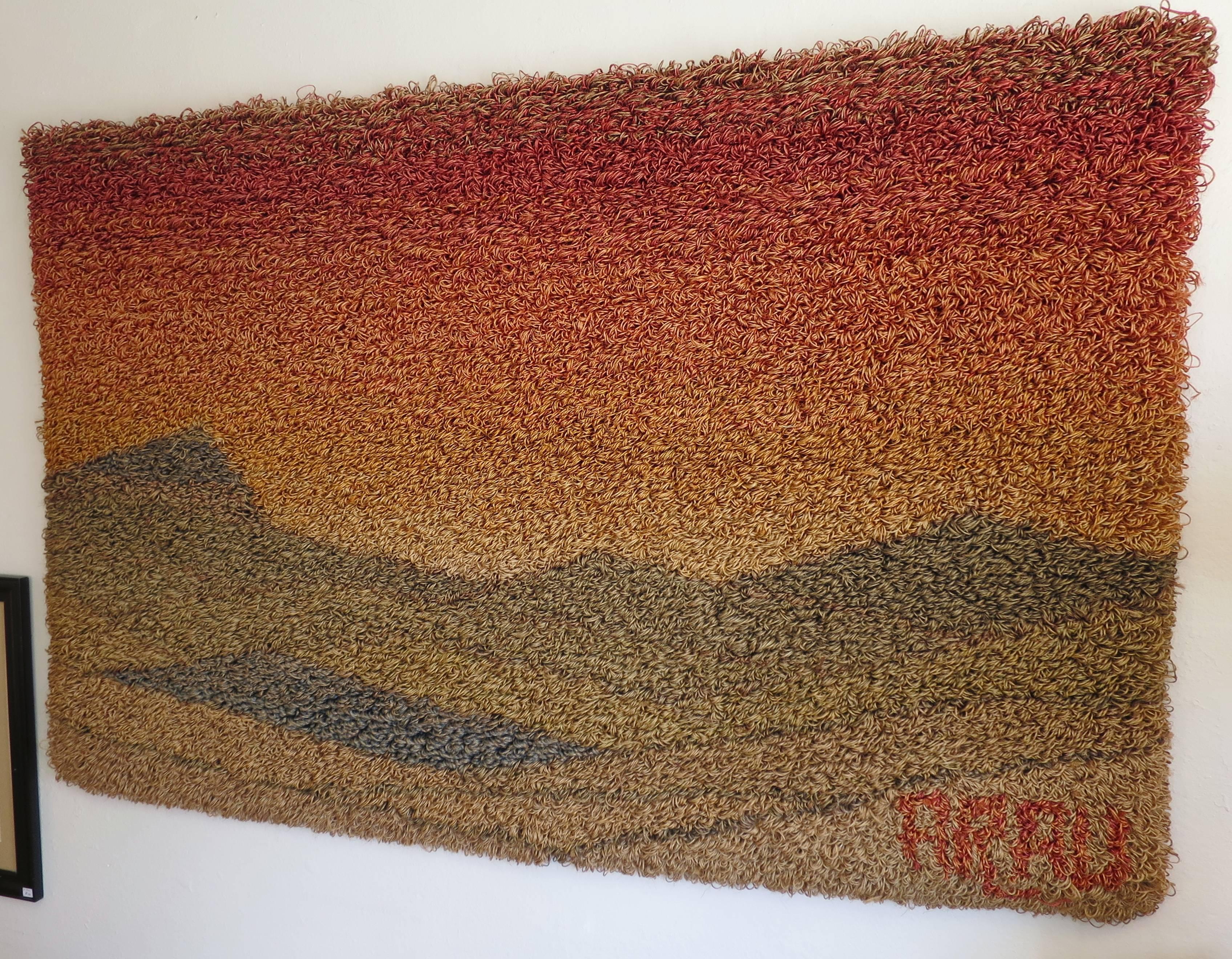 Large hooked burlap landscape wall hanging, circa 1970s. Dimensions: 68
