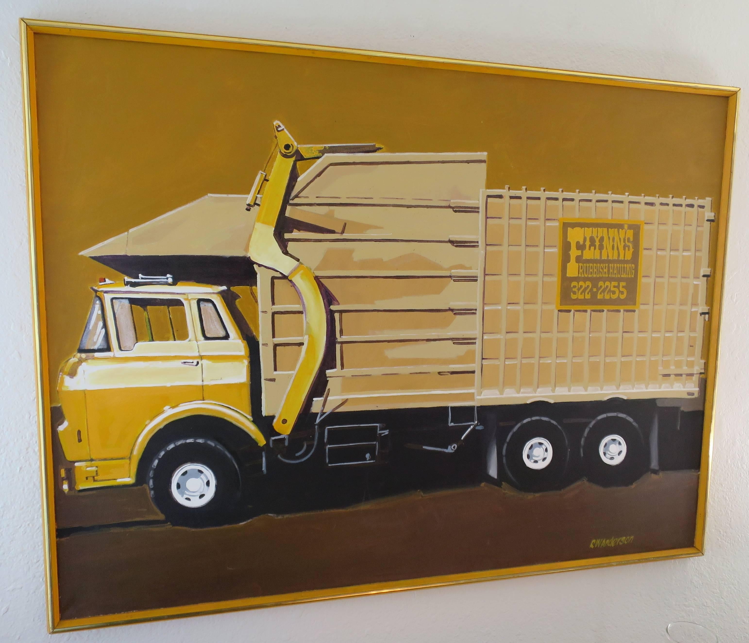 Vintage pop art garbage truck painting. Signed RW Anderson, circa 1970s.