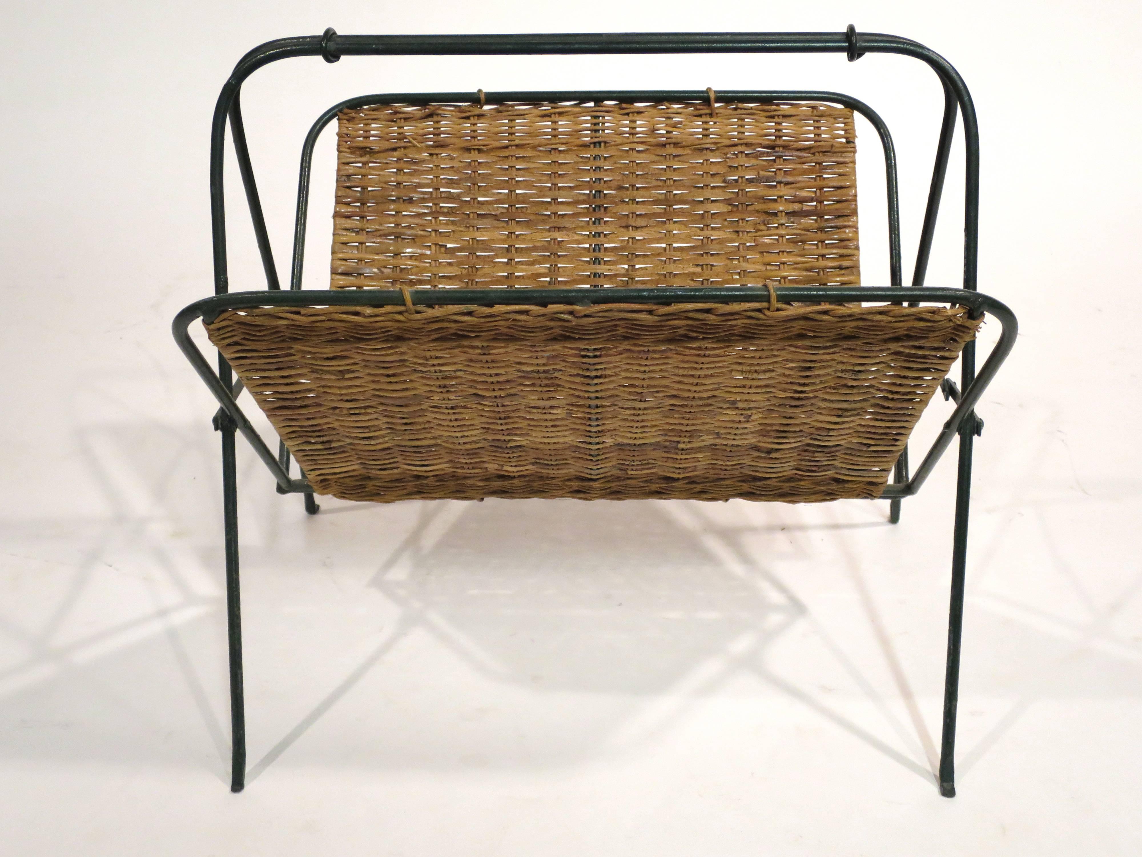 Modernist Rattan and Iron Magazine Rack In Good Condition In San Diego, CA