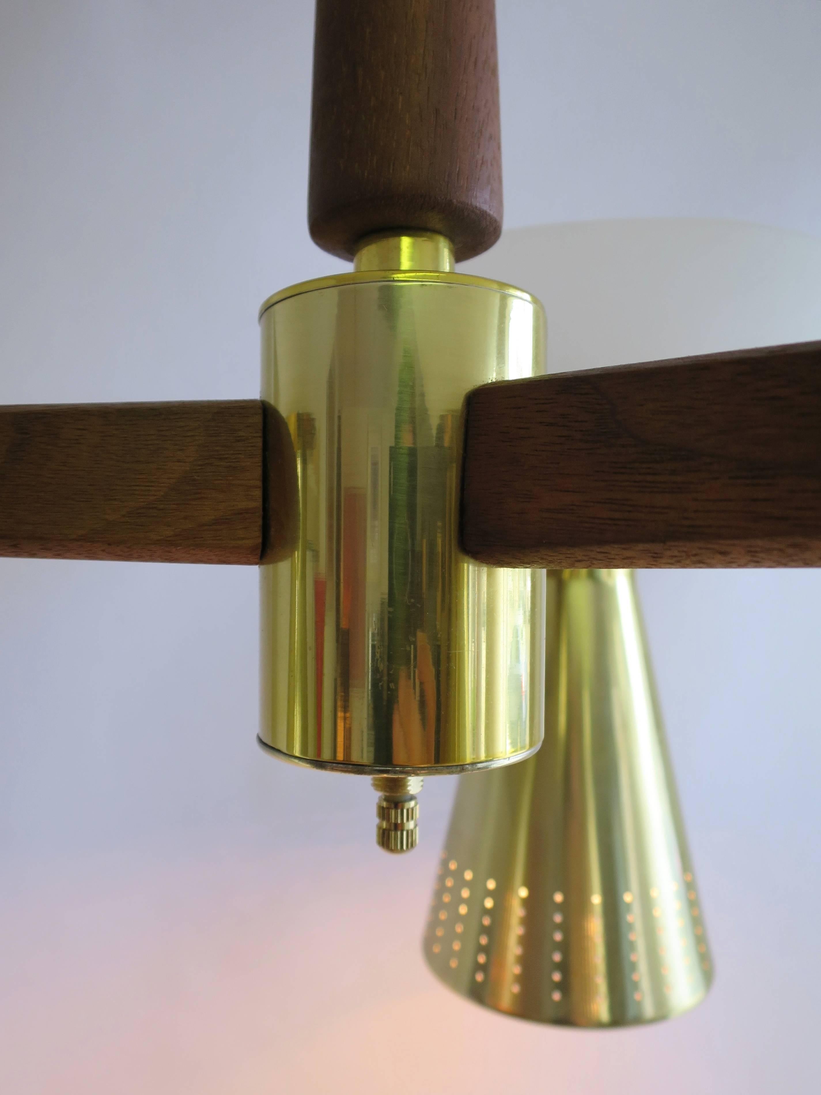 Mid-Century Modern Lightolier Brass and Walnut Triple Pendant Hanging Lamp Chandelier