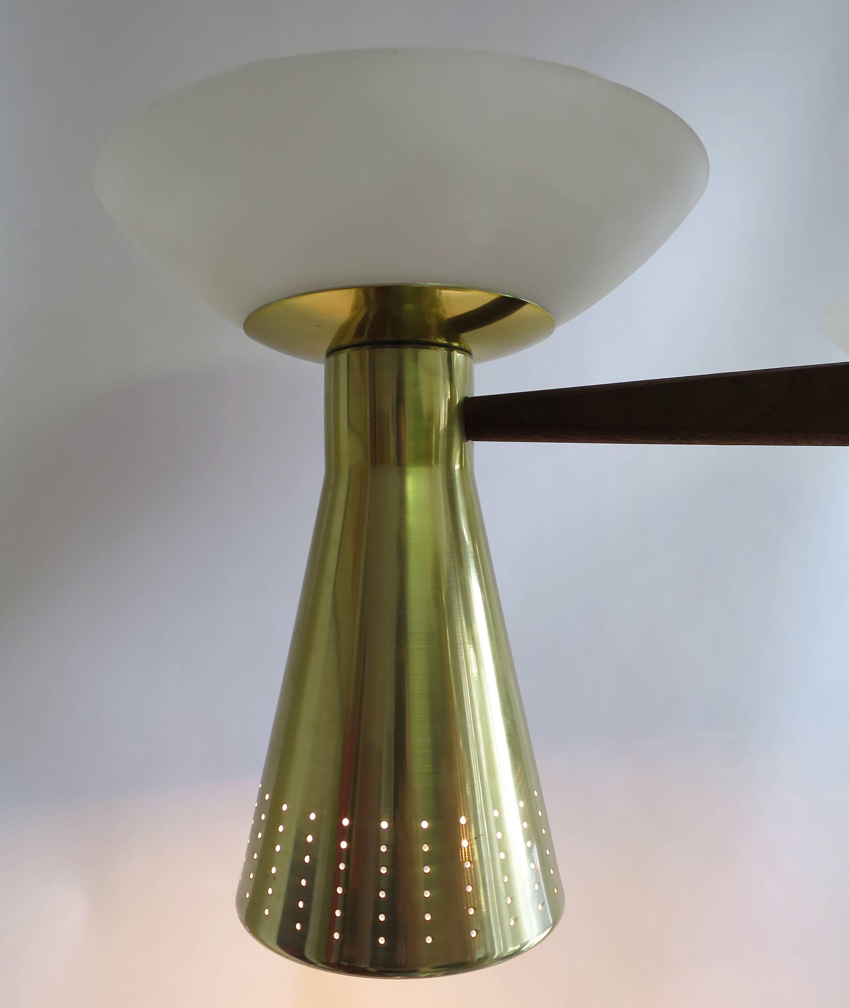 American Lightolier Brass and Walnut Triple Pendant Hanging Lamp Chandelier