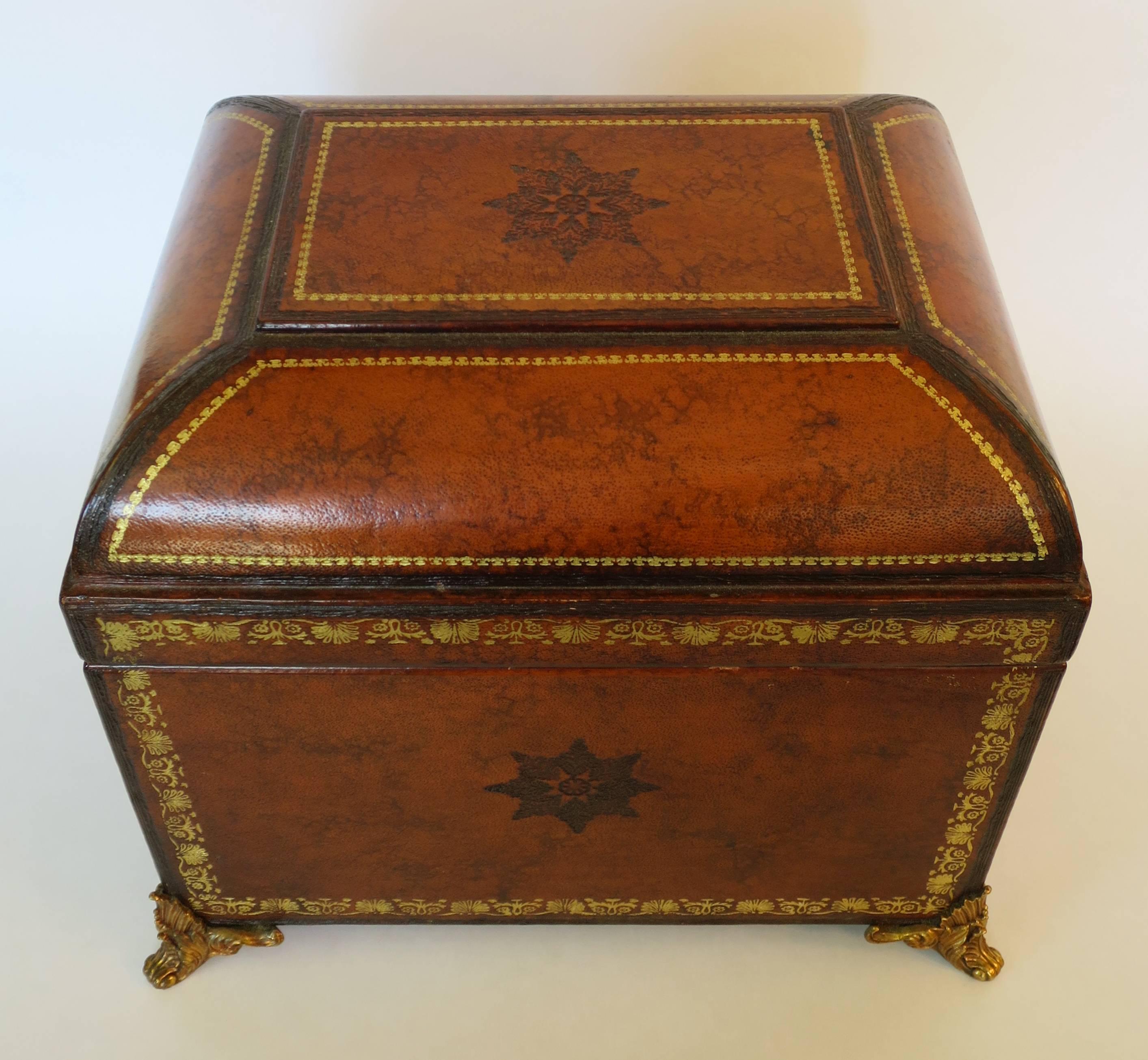 Maitland-Smith Leather-Wrapped Box with Solid Brass Ornate Feet, circa 1980s.