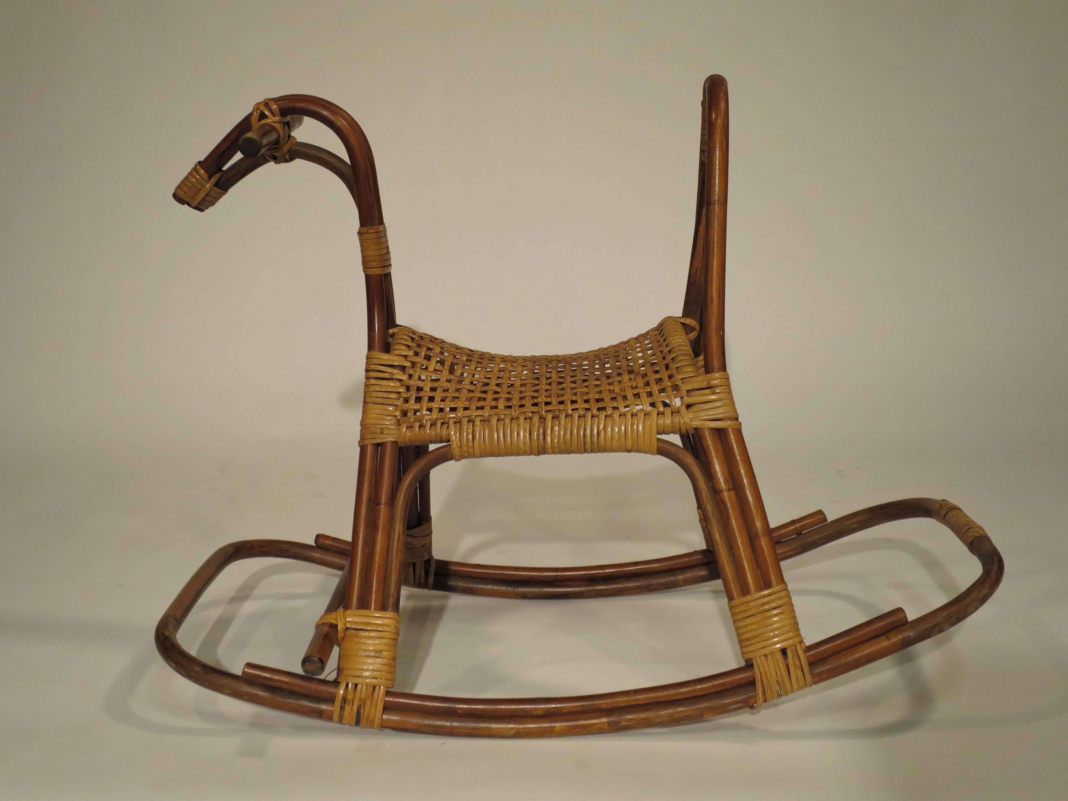 Mid-Century Modern Mid-Century Cane and Rattan Rocking Horse For Sale